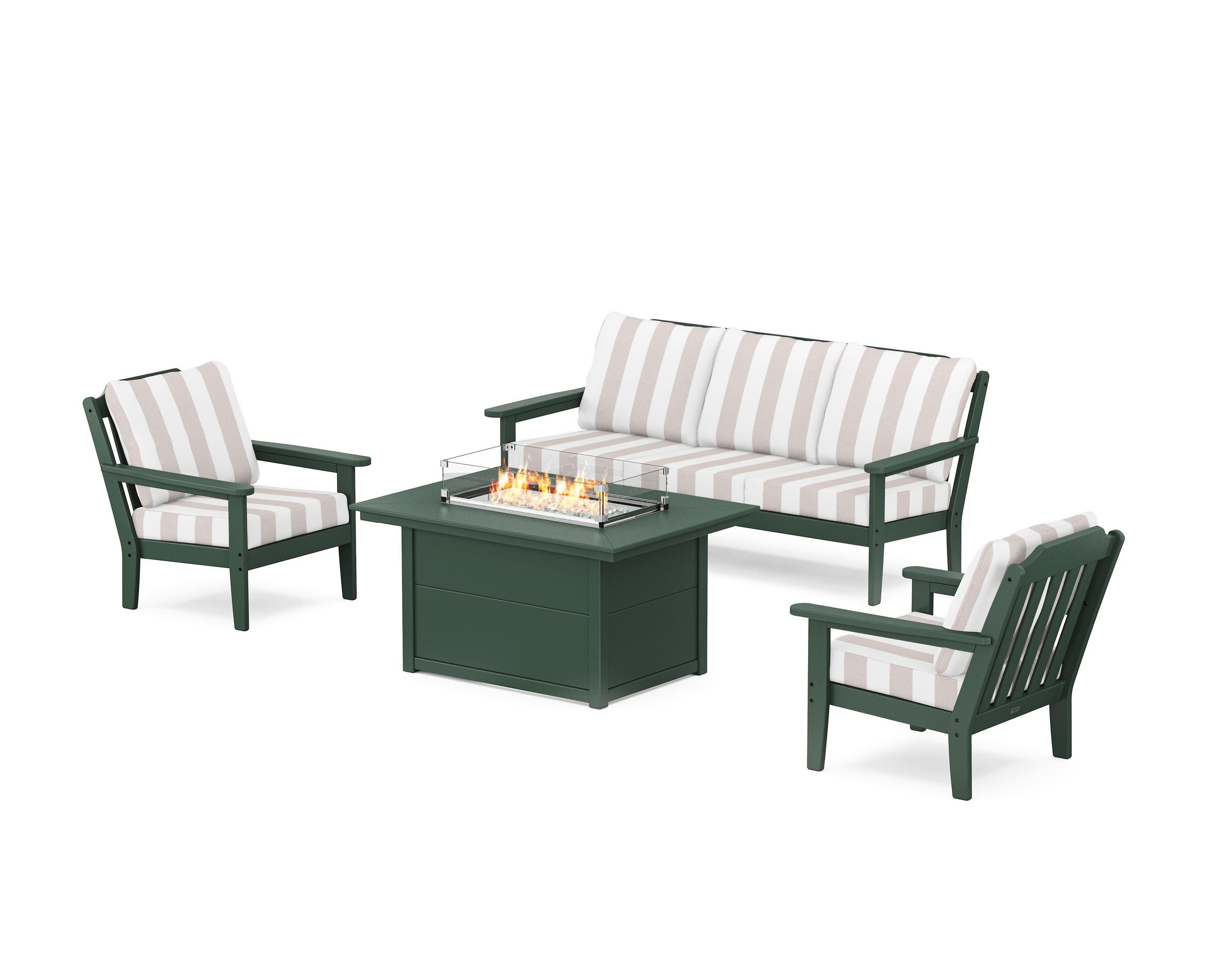 Cottage Deep Seating Fire Pit Table Set in Green / Cabana Stripe Dune Burlap