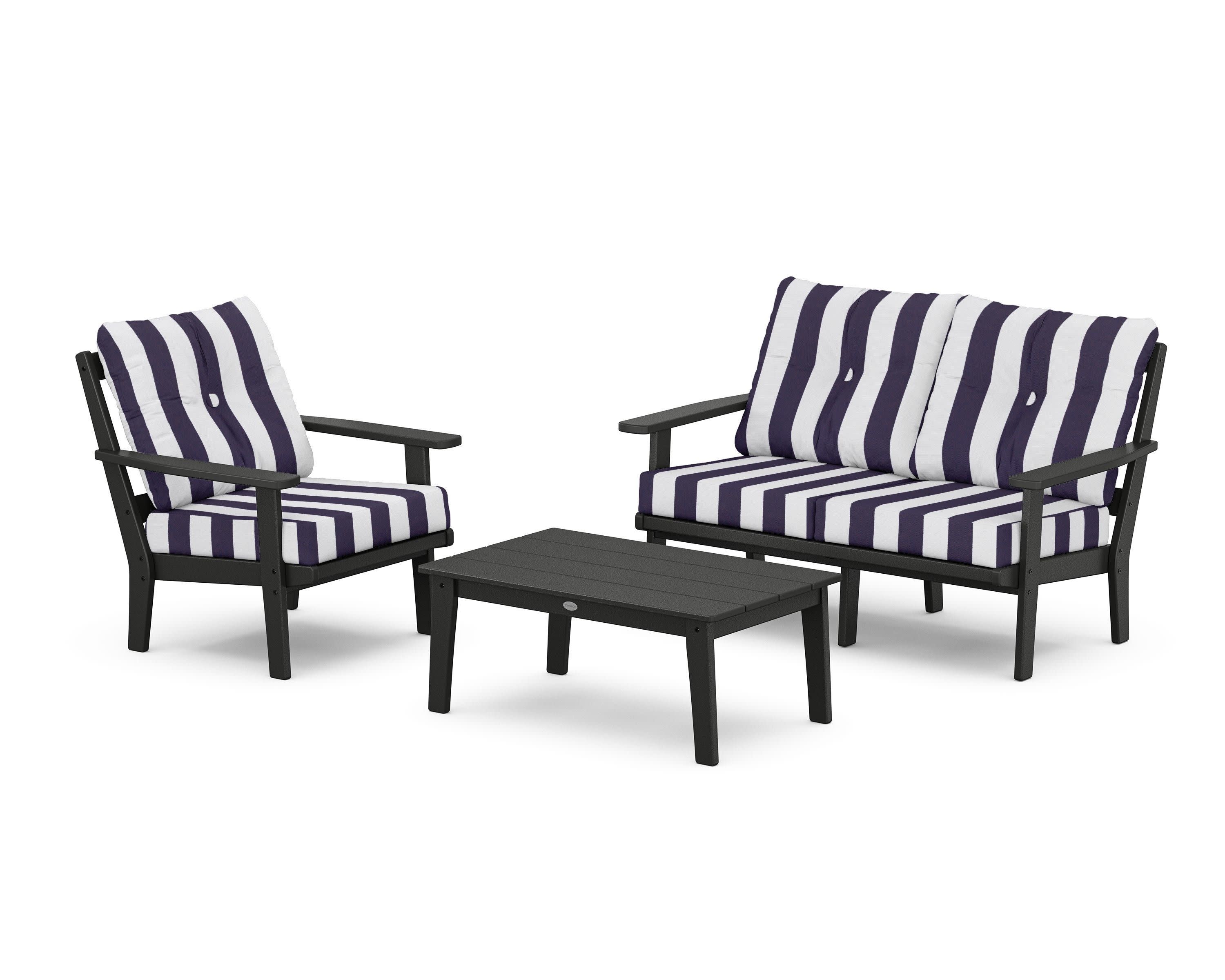 Prairie 3-Piece Deep Seating Set with Loveseat in Black / Cabana Stripe Navy