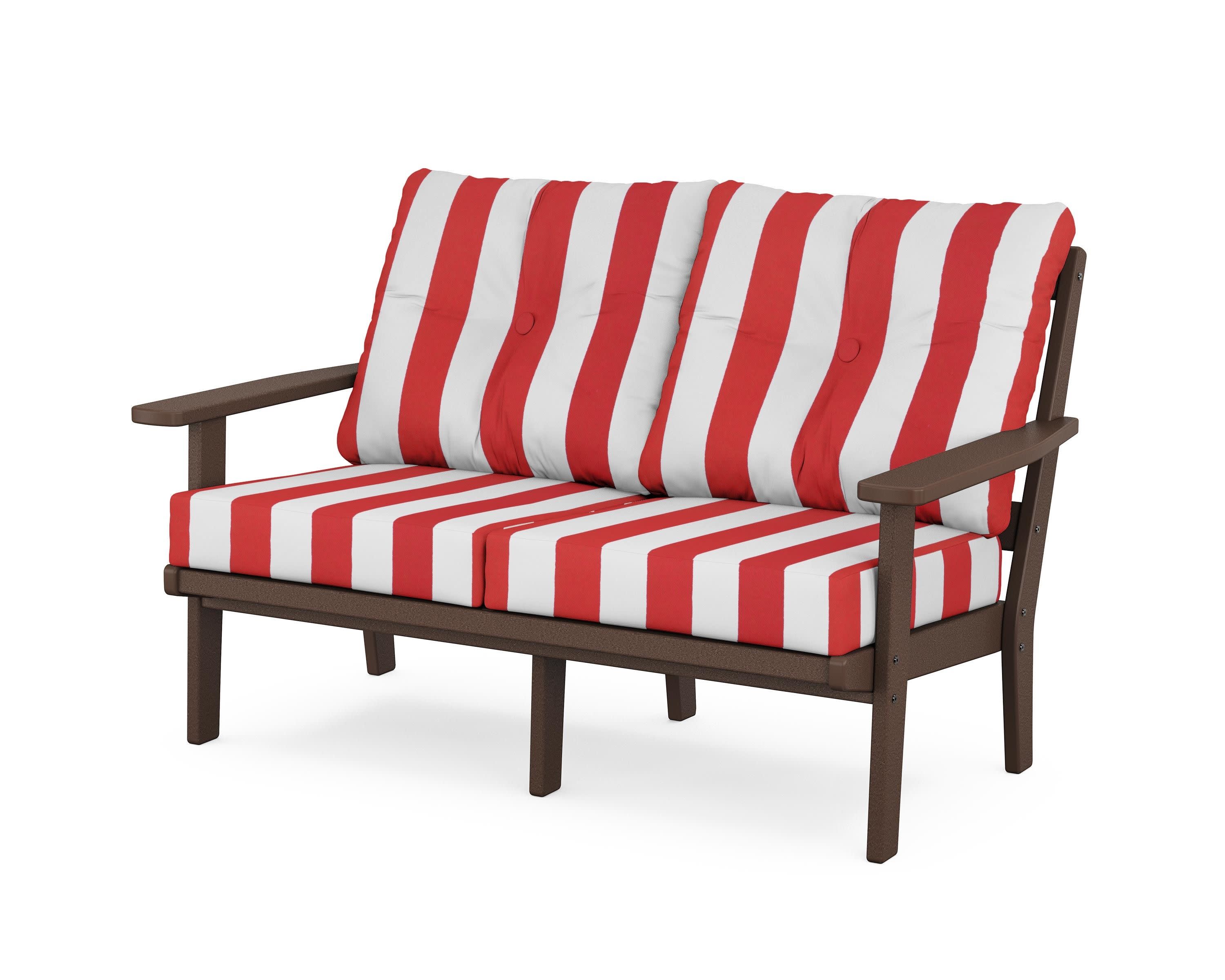 Prairie Deep SeatingLoveseat in Mahogany / Cabana Stripe Crimson
