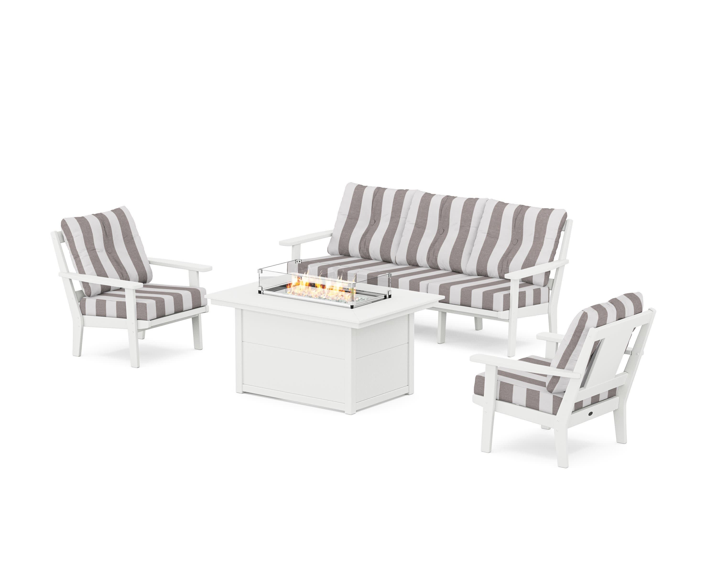 Prairie Deep Seating Fire Pit Table Set in White / Cabana Stripe Grey Mist