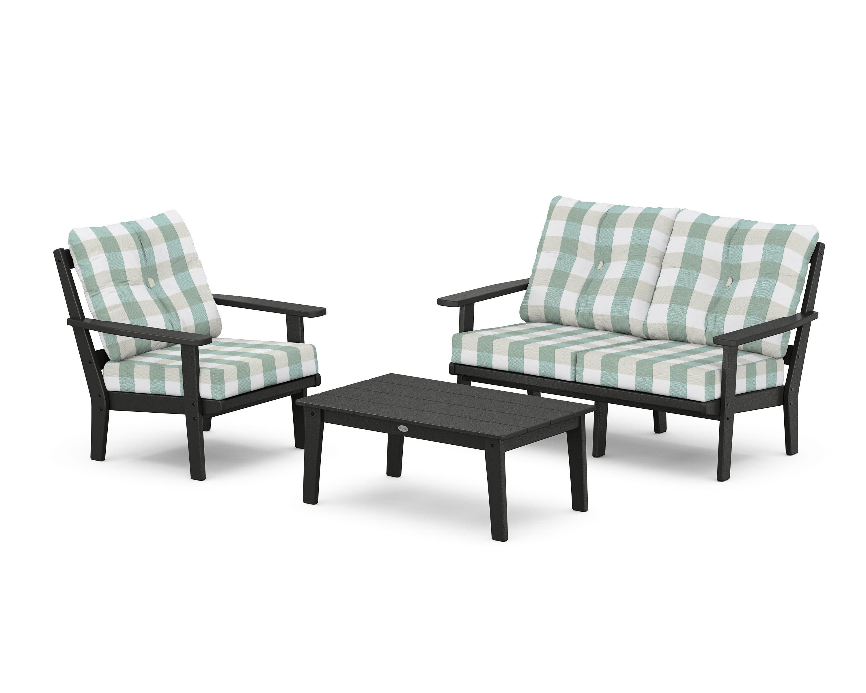 Prairie 3-Piece Deep Seating Set with Loveseat in Black / Buffalo Plaid Glacier Spa