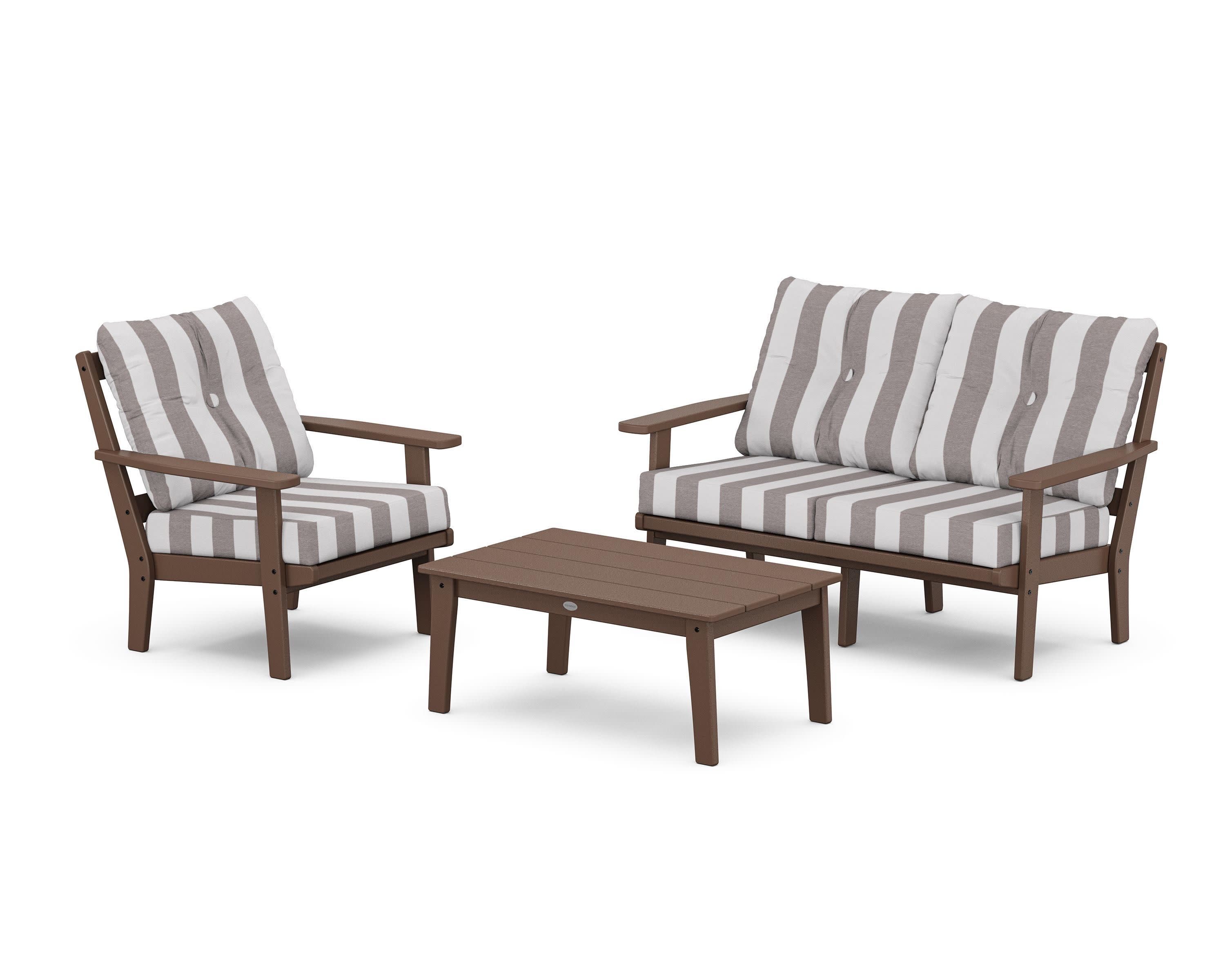 Prairie 3-Piece Deep Seating Set with Loveseat in Mahogany / Cabana Stripe Grey Mist