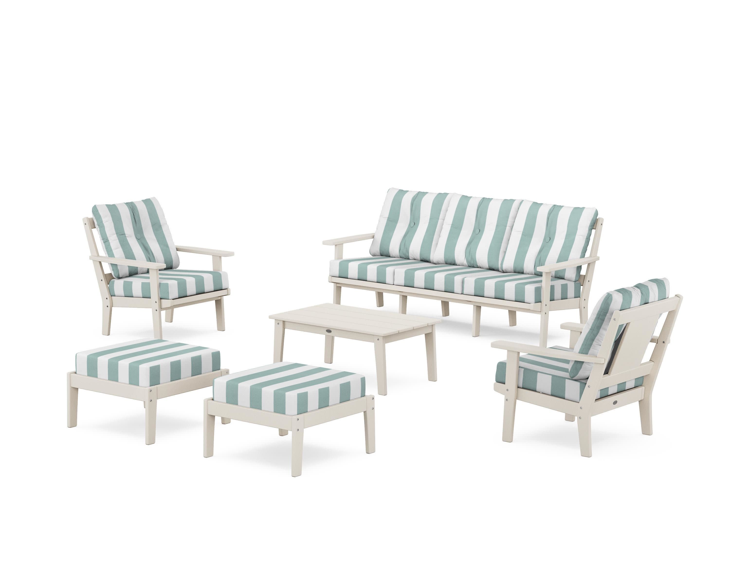 Prairie 6-Piece Lounge Sofa Set in Sand / Cabana Stripe Glacier Spa