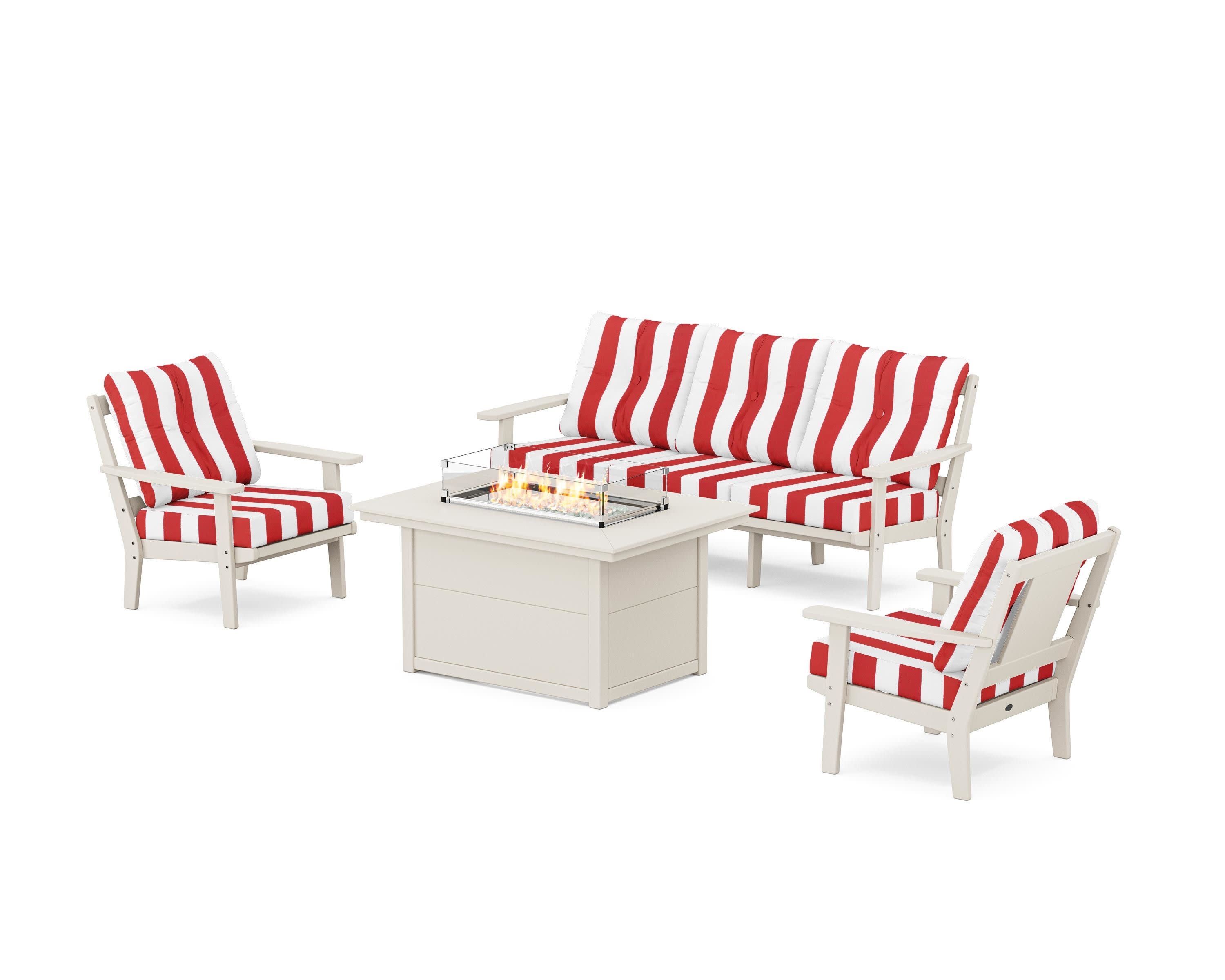 Prairie Deep Seating Fire Pit Table Set in Sand / Cabana Stripe Crimson