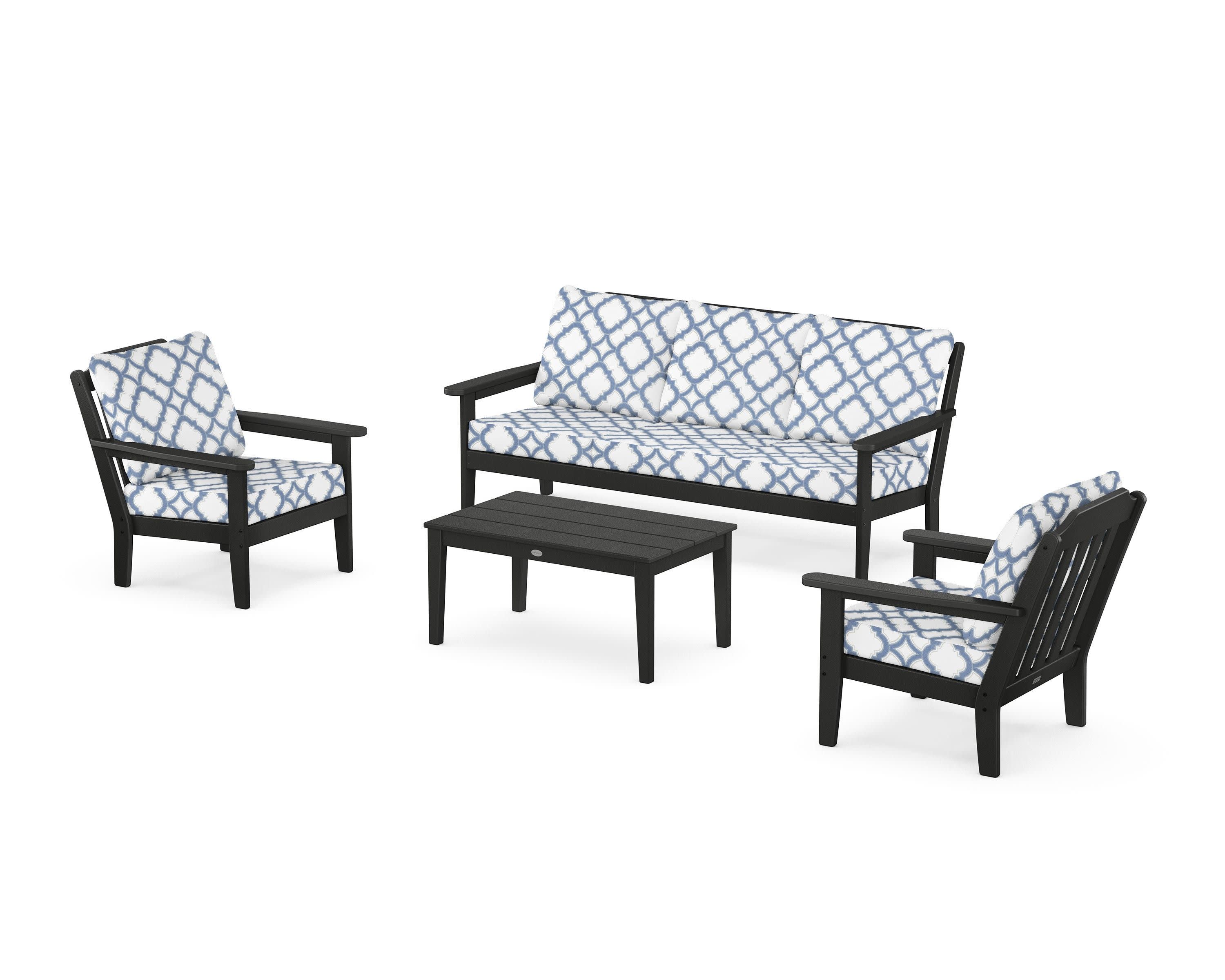 Cottage 4-Piece Deep Seating Set with Sofa in Black / Trellis Sky Blue