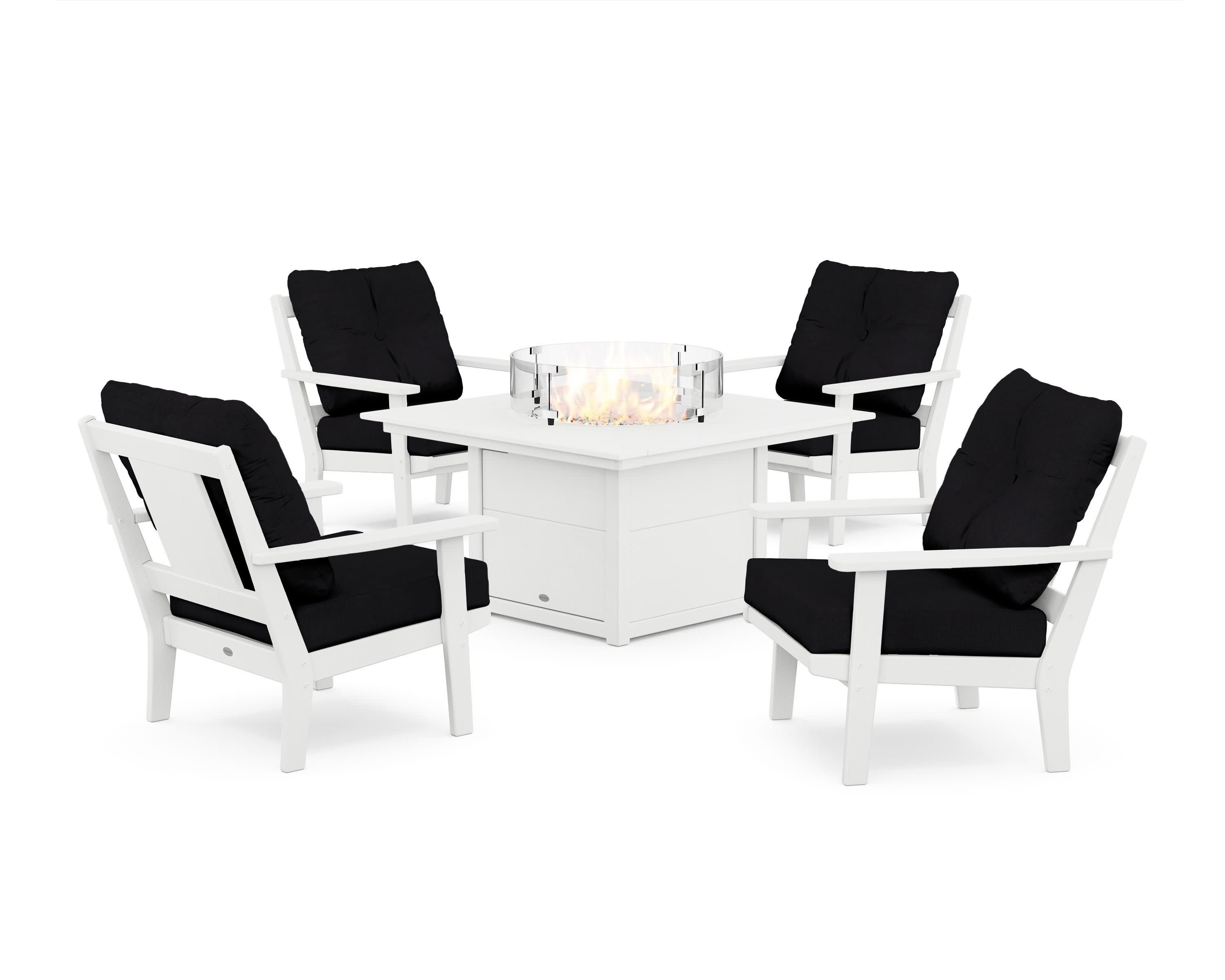 Prairie 5-Piece Deep Seating Set with Fire Pit Table in White / Midnight Linen