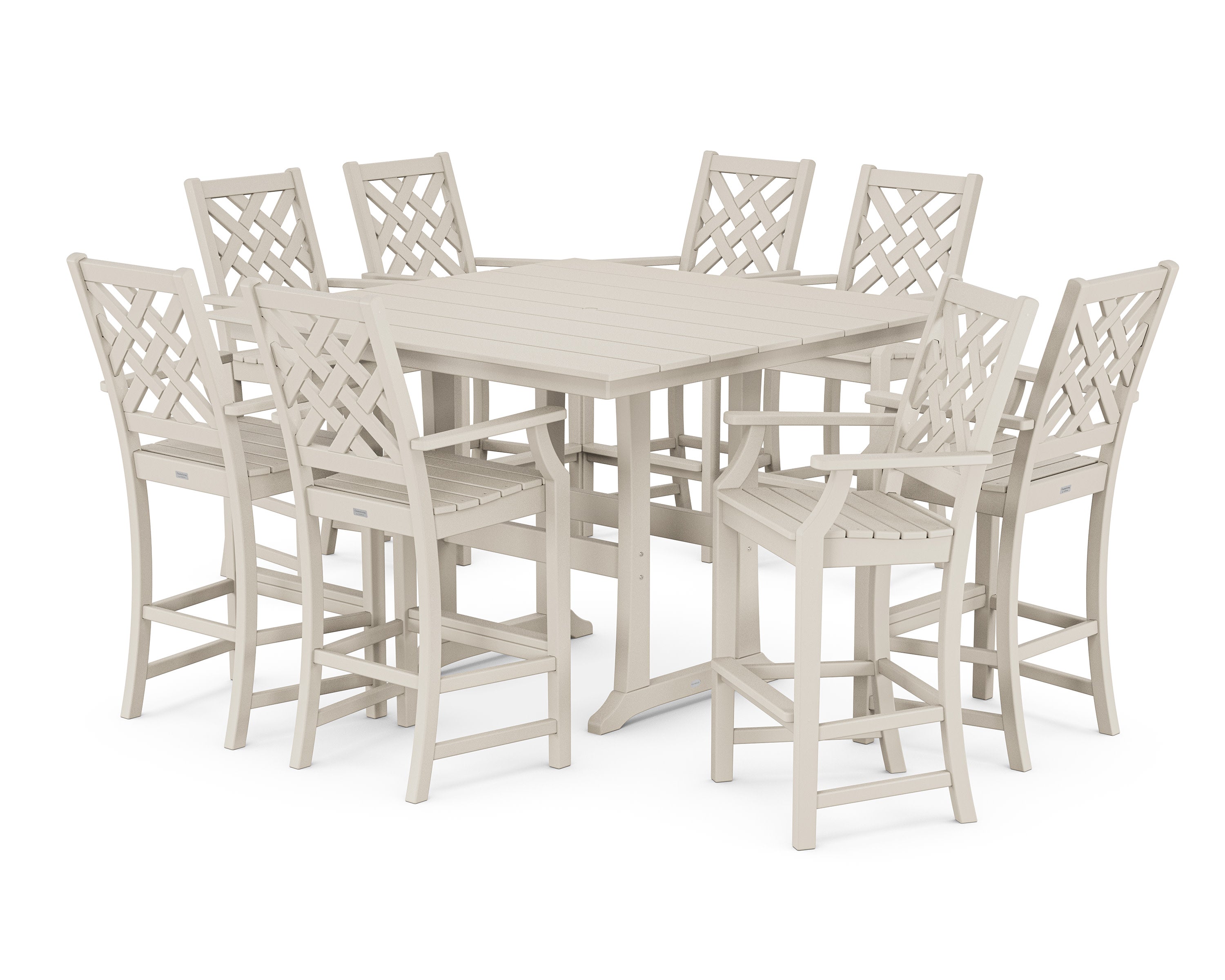 Wovendale 9-Piece Square Farmhouse Bar Set with Trestle Legs in Sand
