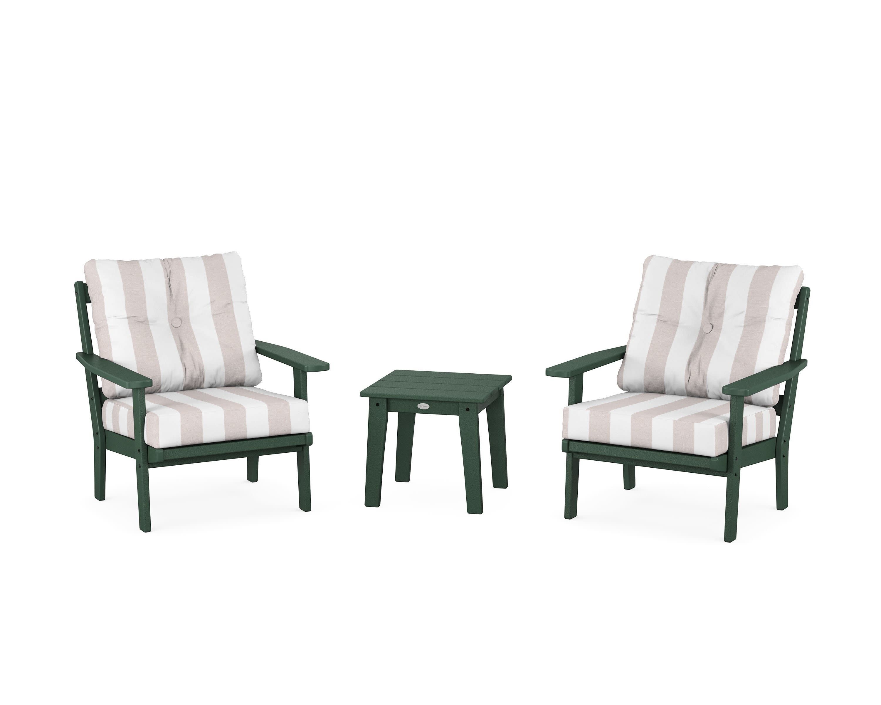 Prairie 3-Piece Deep Seating Set in Green / Cabana Stripe Dune Burlap