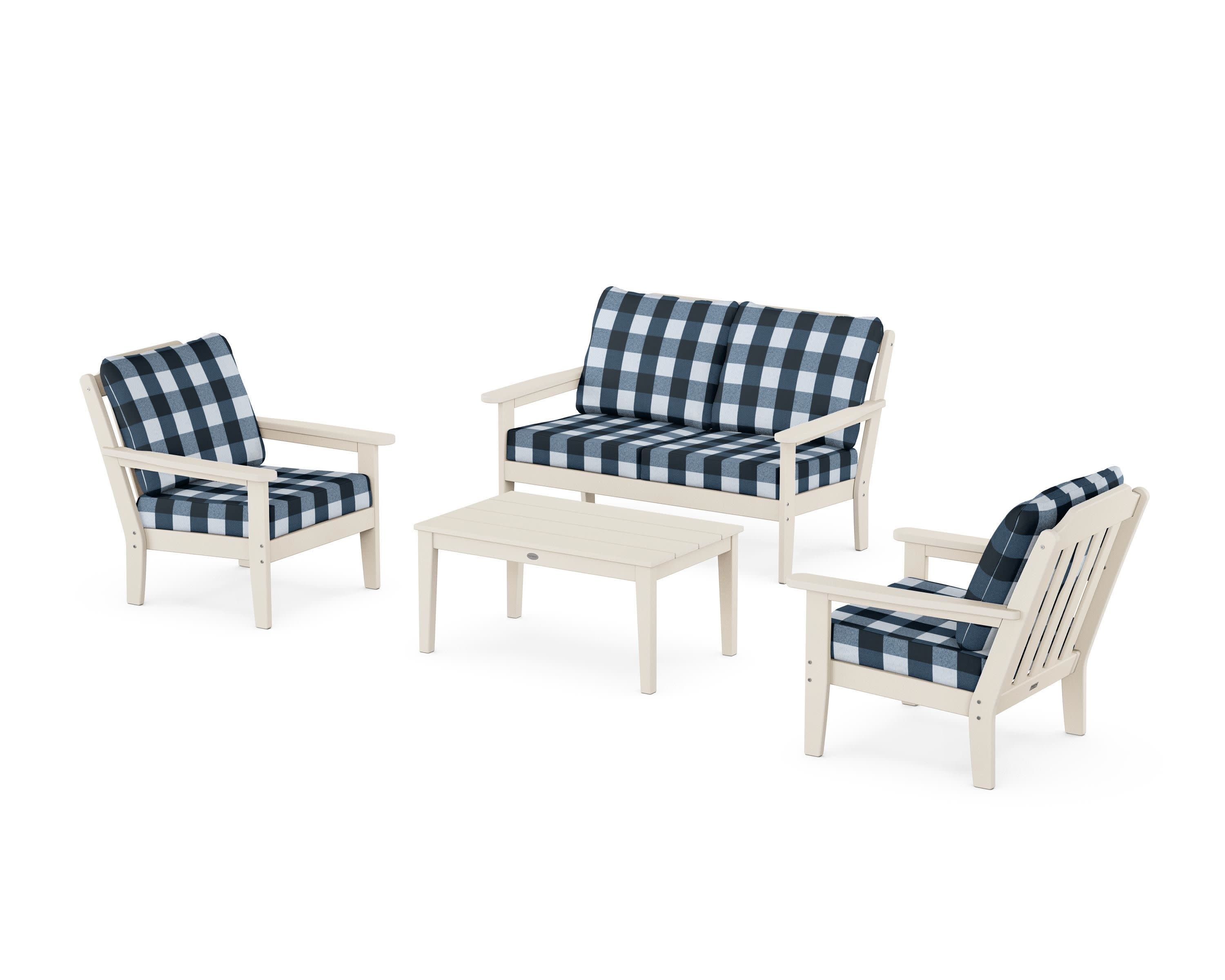 Cottage 4-Piece Deep Seating Set with Loveseat in Sand / Buffalo Plaid Marine Indigo