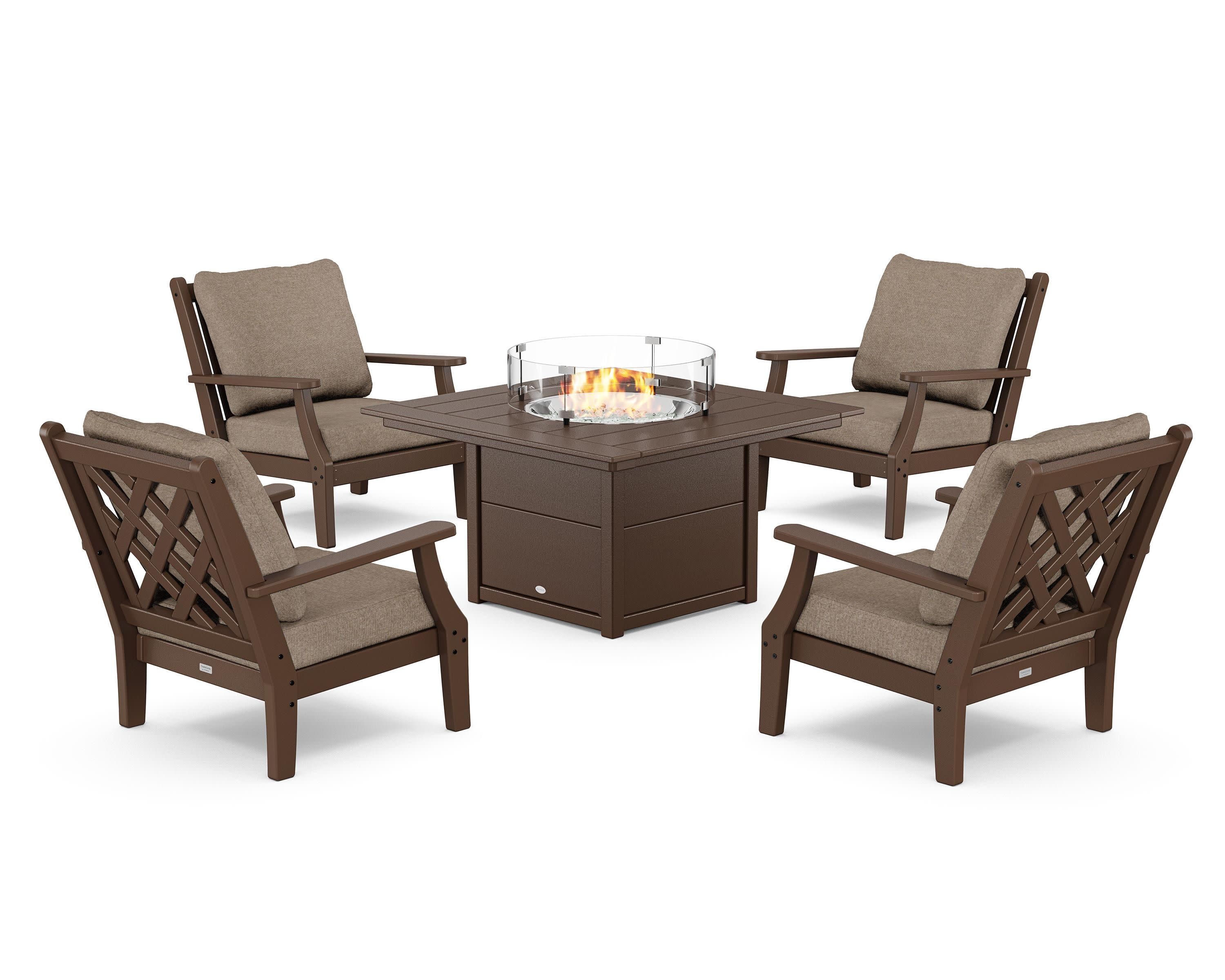 Wovendale 5-Piece Deep Seating Set with Fire Pit Table in Mahogany / Spiced Burlap
