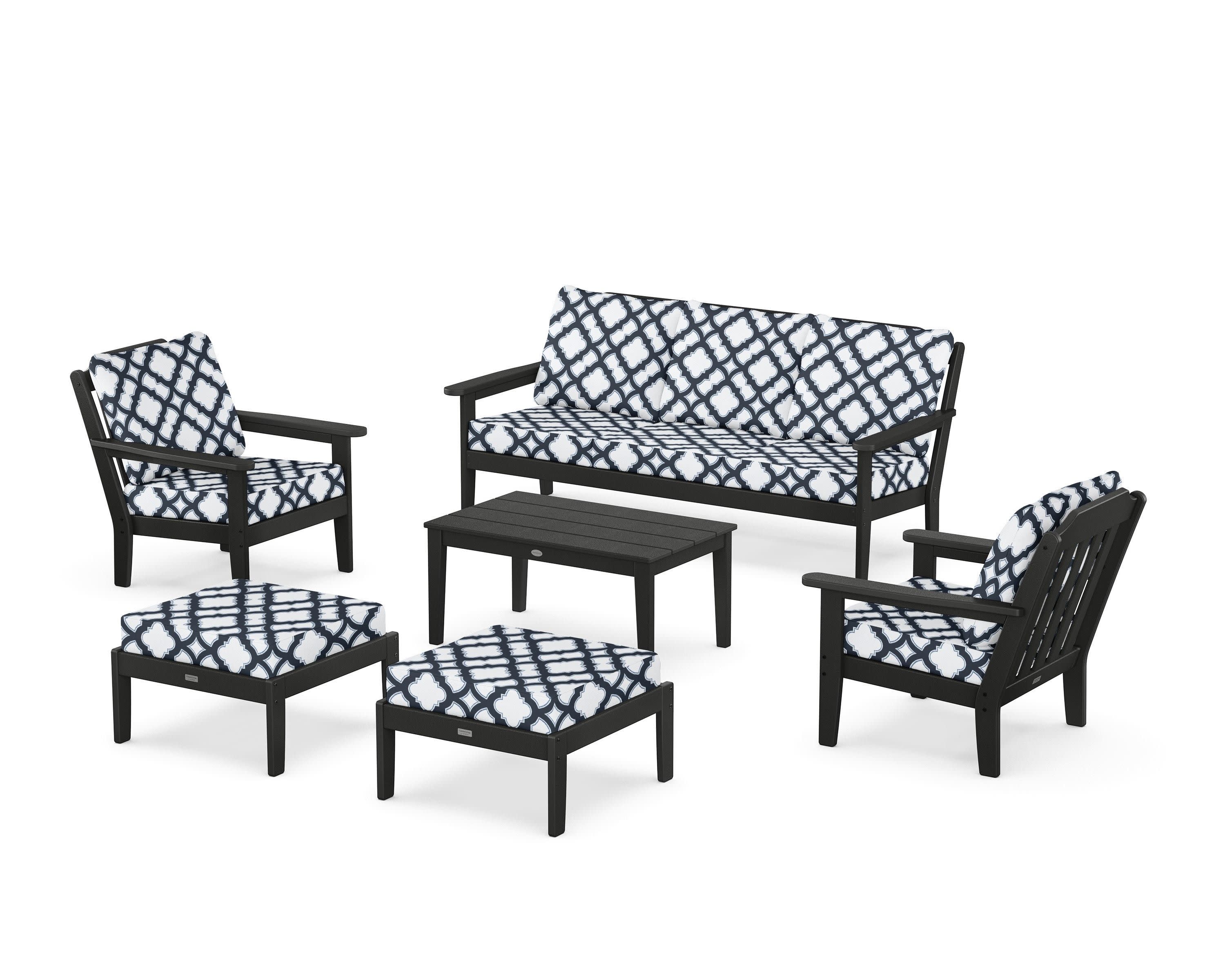 Cottage 6-Piece Lounge Sofa Set in Black / Trellis Marine Indigo