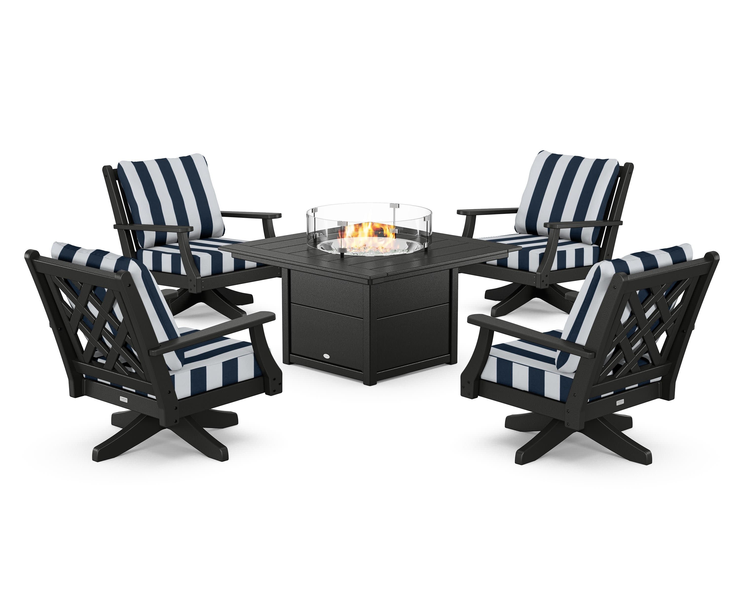 Wovendale 5-Piece Deep Seating Swivel Conversation Set with Fire Pit Table in Black / Cabana Stripe Marine Indigo