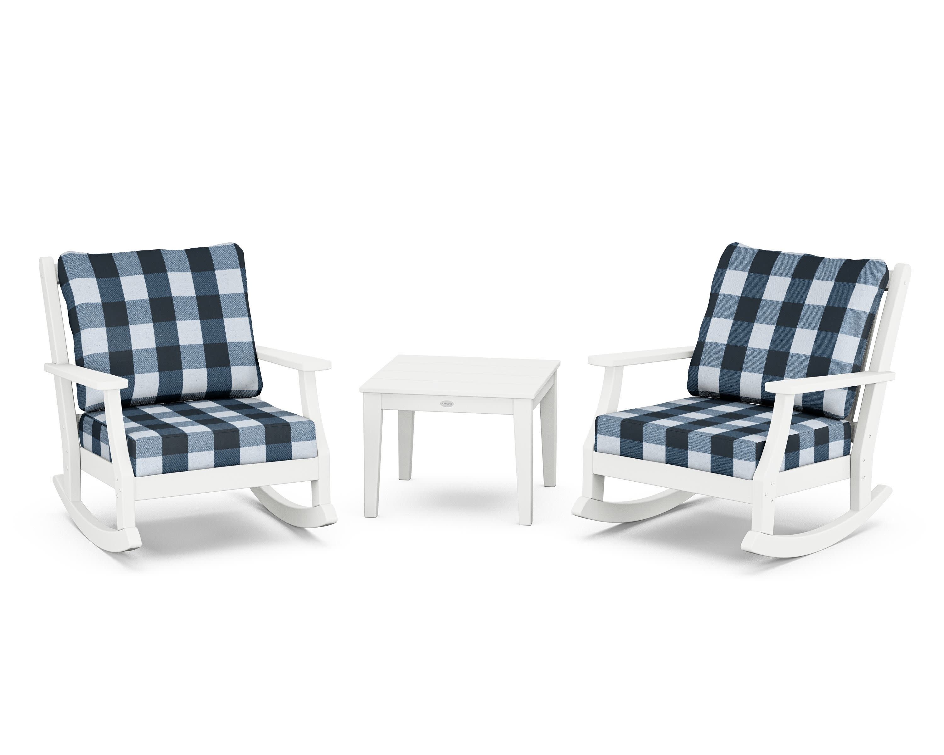 Wovendale 3-Piece Deep Seating Rocker Set in White / Buffalo Plaid Marine Indigo