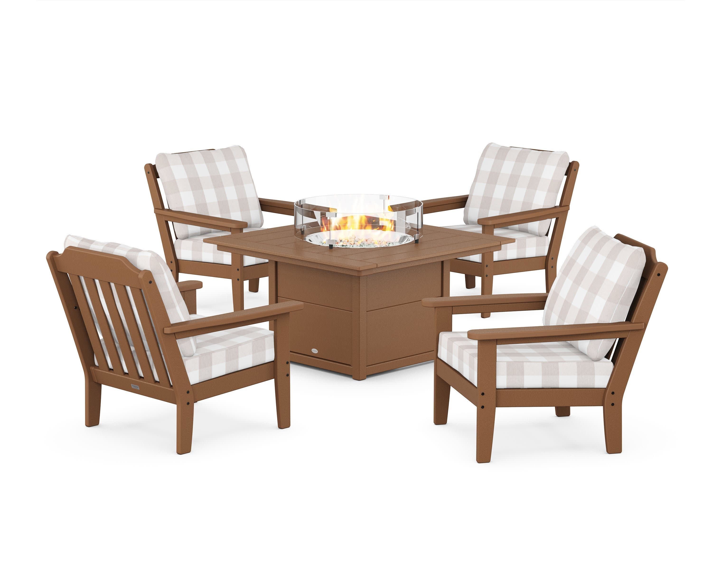 Cottage 5-Piece Deep Seating Set with Fire Pit Table in Teak / Buffalo Plaid Dune Burlap