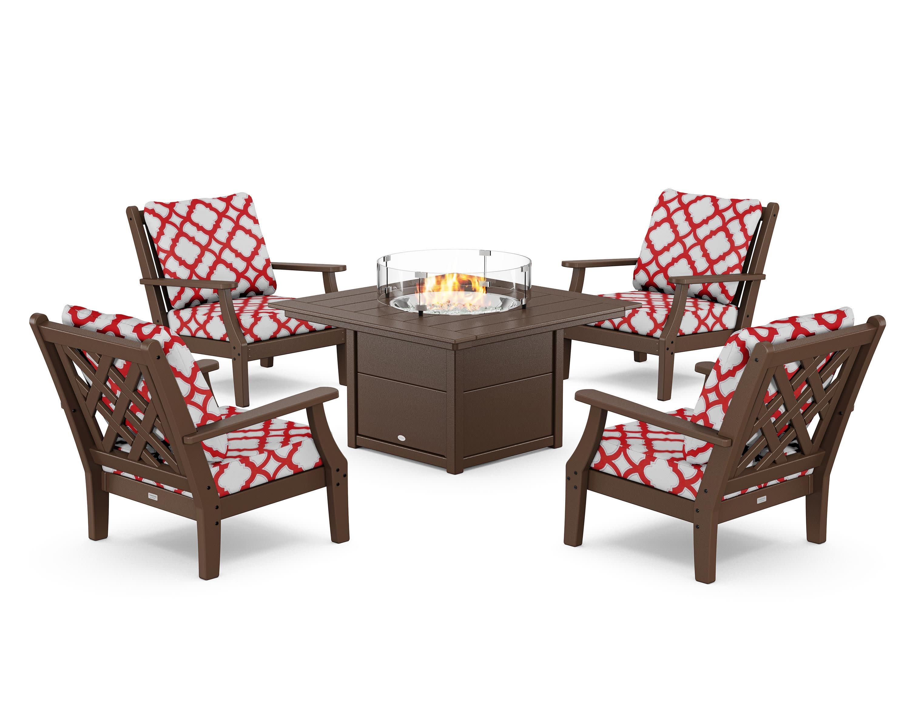 Wovendale 5-Piece Deep Seating Set with Fire Pit Table in Mahogany / Trellis Crimson