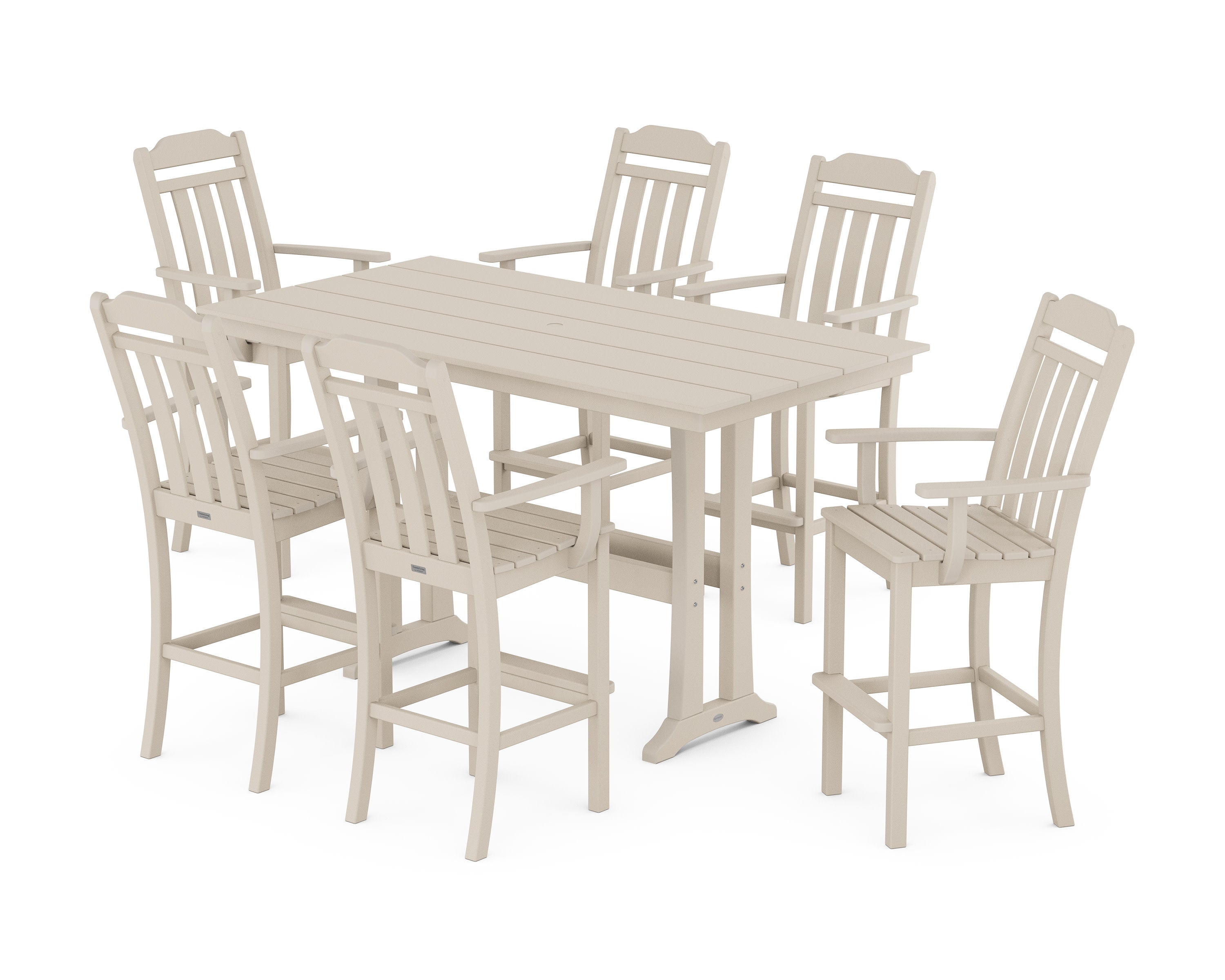Cottage Arm Chair 7-Piece Farmhouse Bar Set with Trestle Legs in Sand