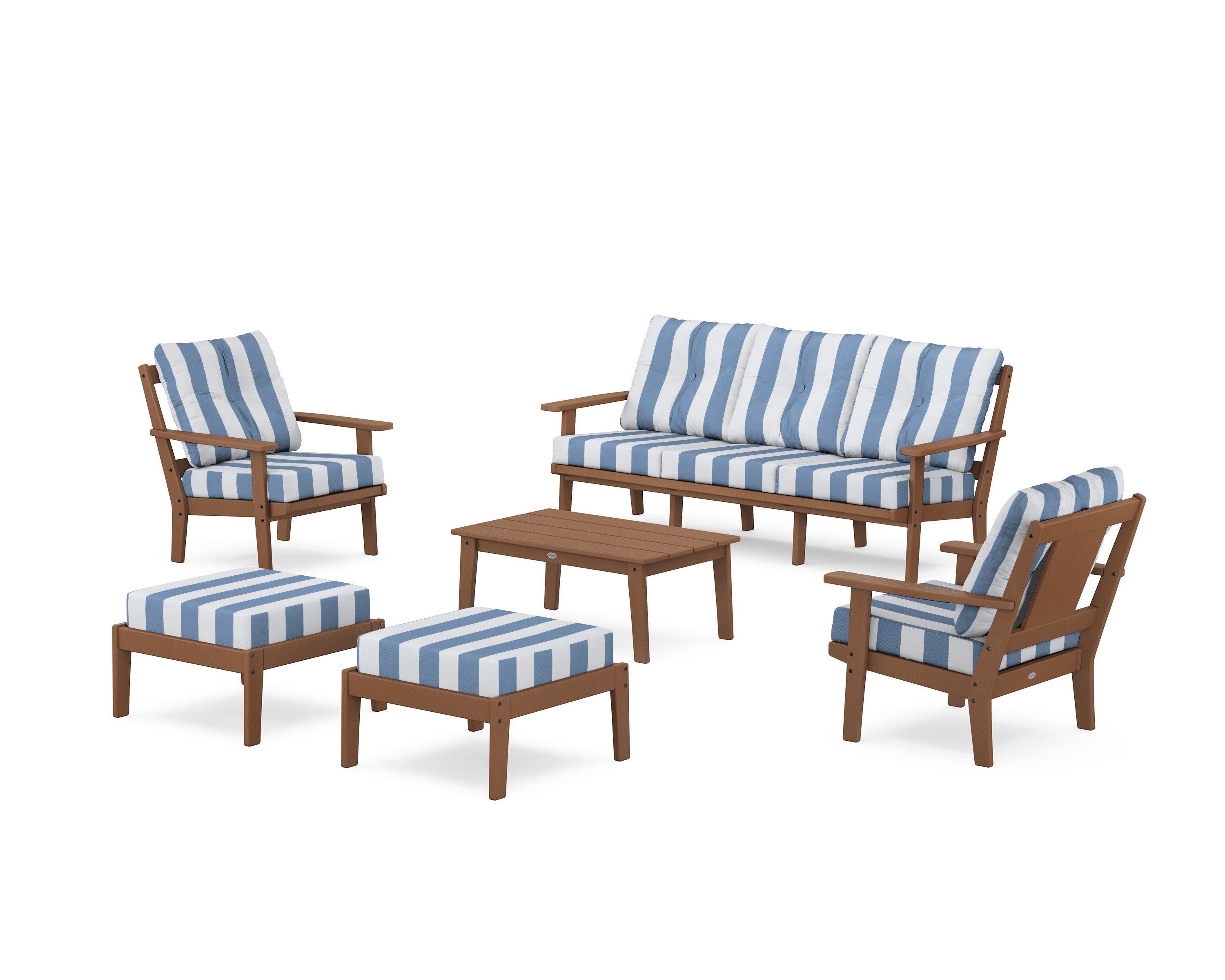 Prairie 6-Piece Lounge Sofa Set in Teak / Cabana Stripe Sky Blue