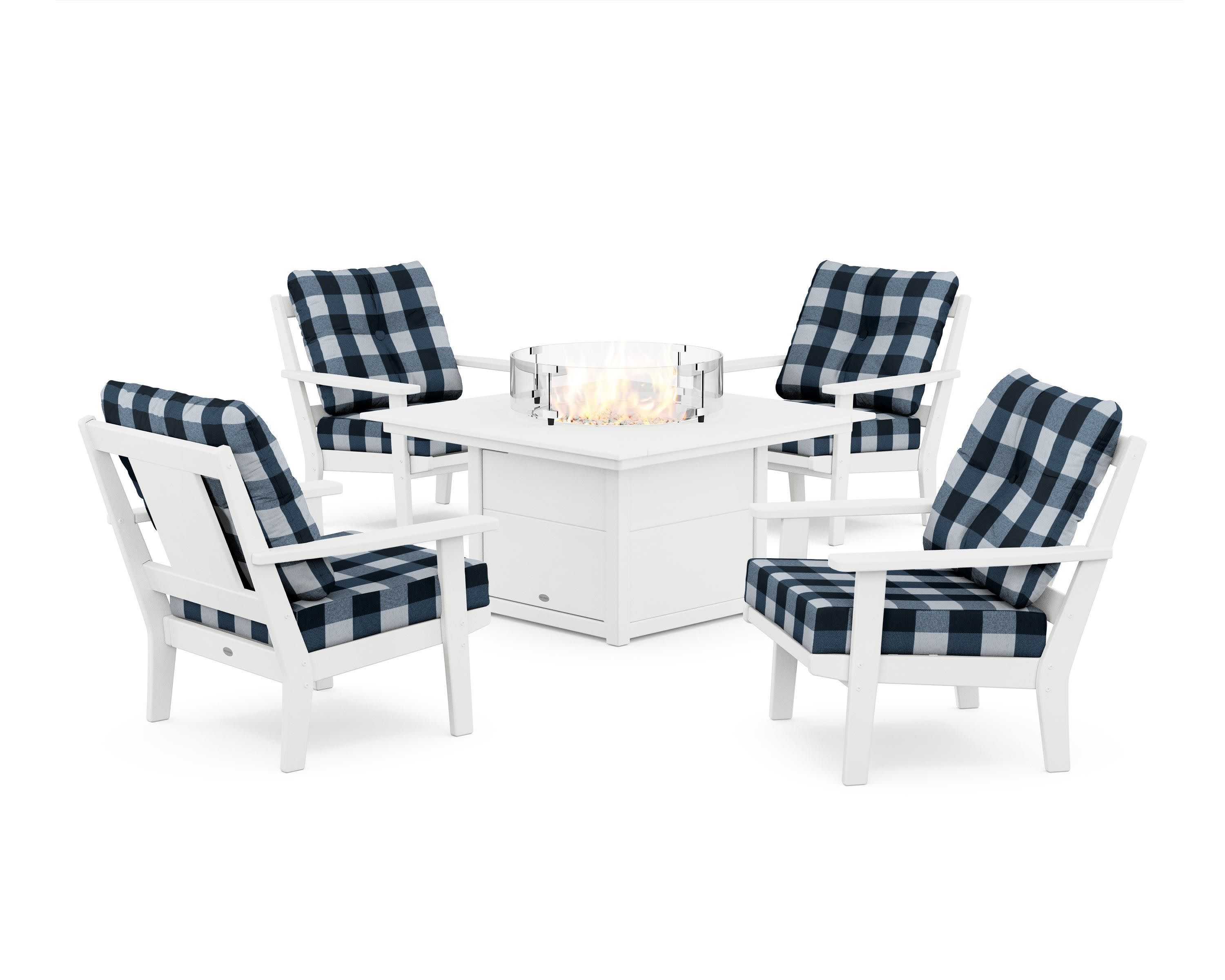 Prairie 5-Piece Deep Seating Set with Fire Pit Table in White / Buffalo Plaid Marine Indigo
