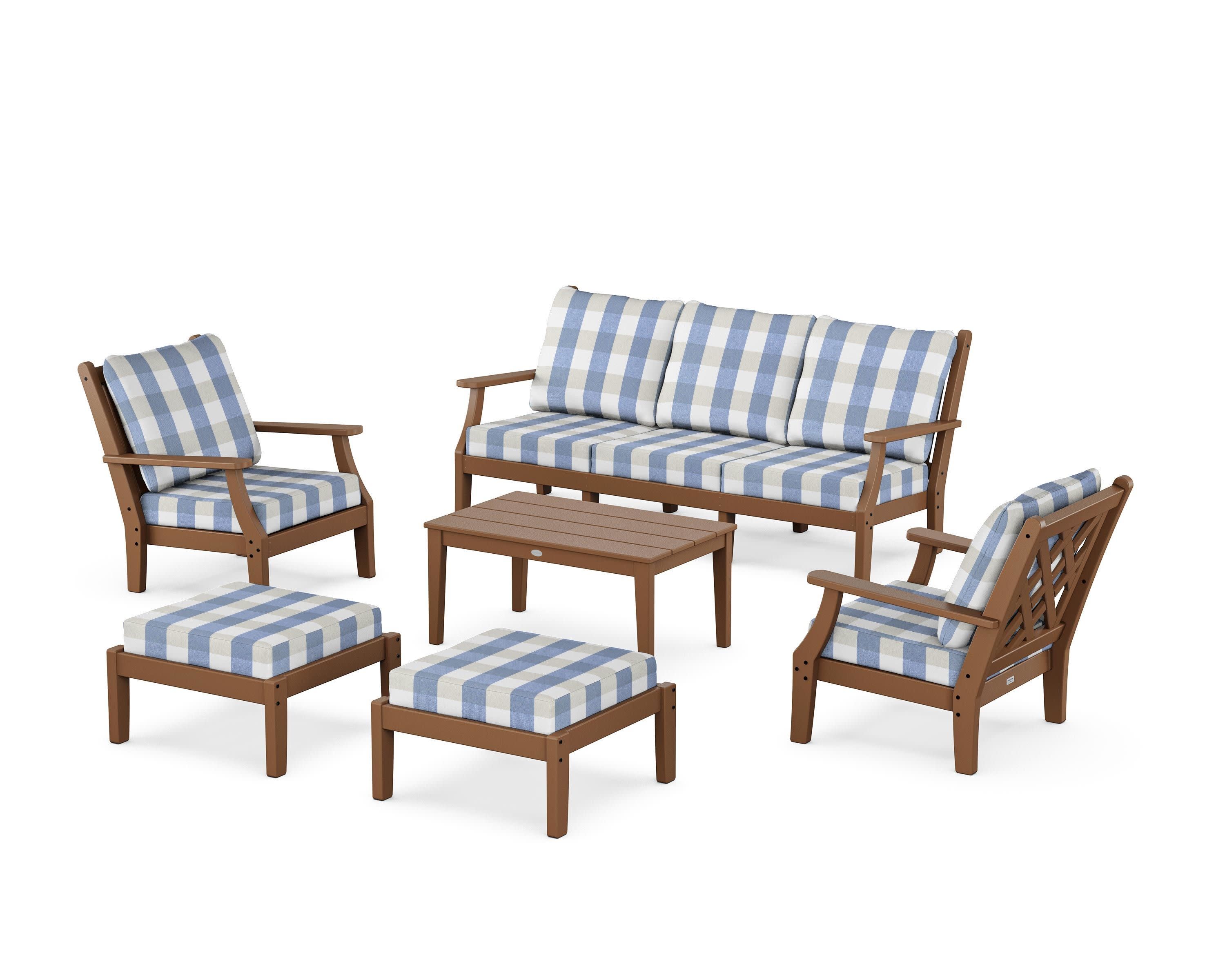 Wovendale 6-Piece Lounge Sofa Set in Teak / Buffalo Plaid Sky Blue