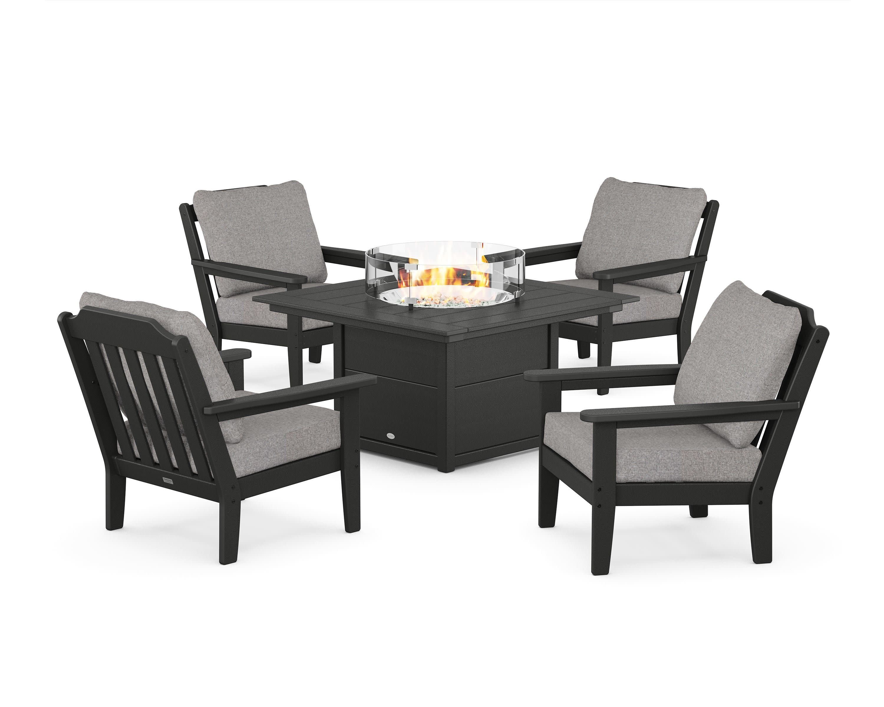 Cottage 5-Piece Deep Seating Set with Fire Pit Table in Black / Grey Mist