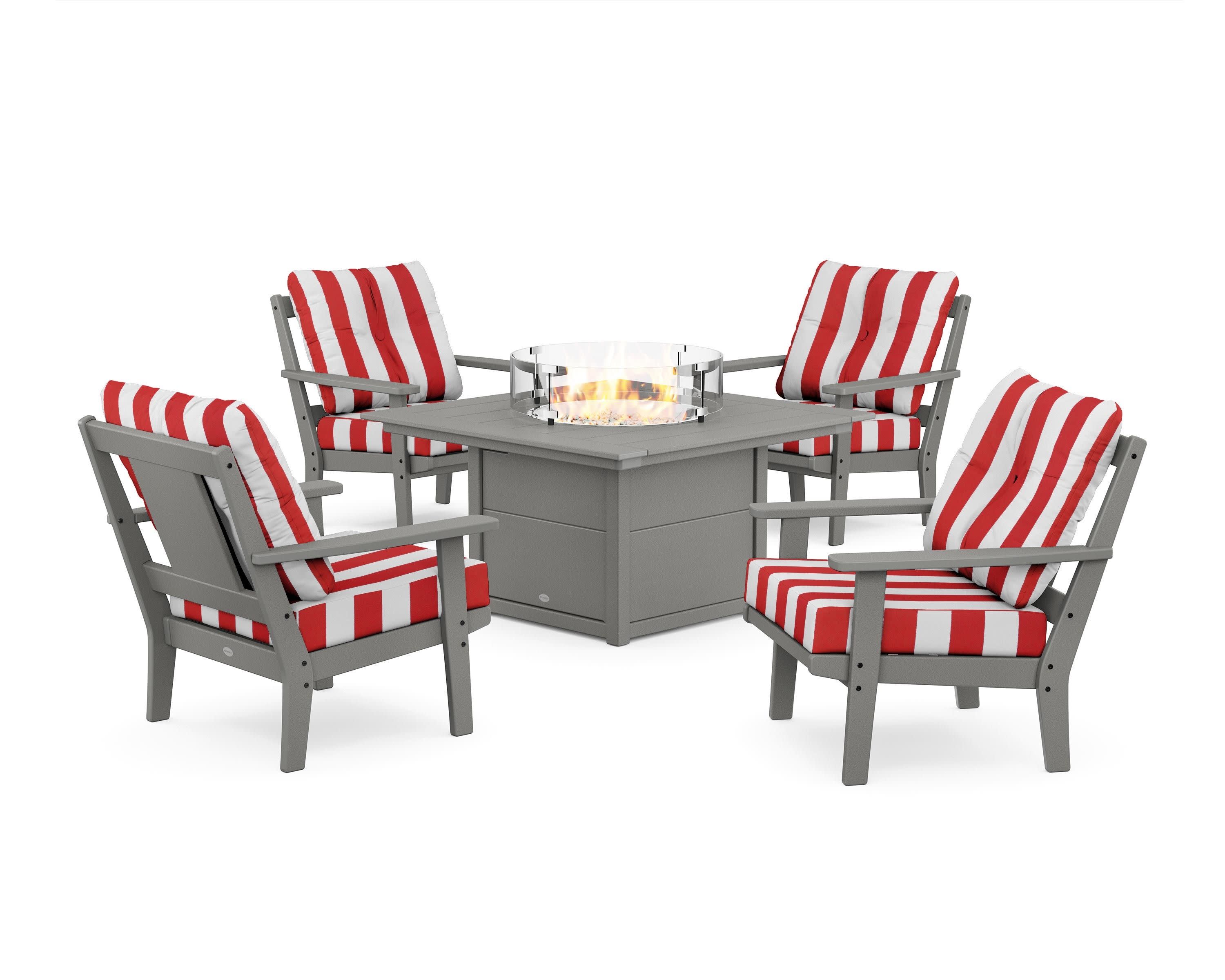 Prairie 5-Piece Deep Seating Set with Fire Pit Table in Slate Grey / Cabana Stripe Crimson