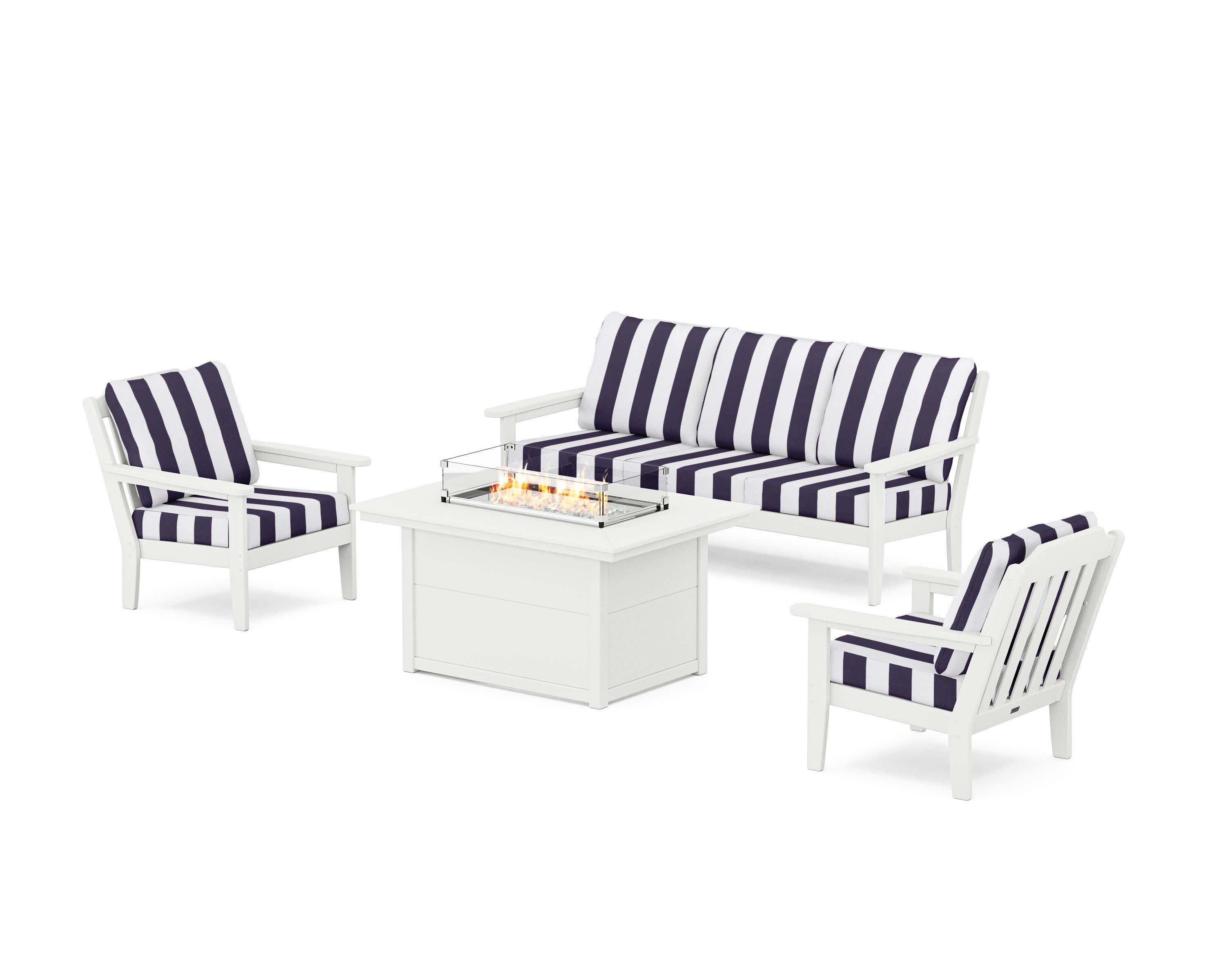 Cottage Deep Seating Fire Pit Table Set in White / Cabana Stripe Navy