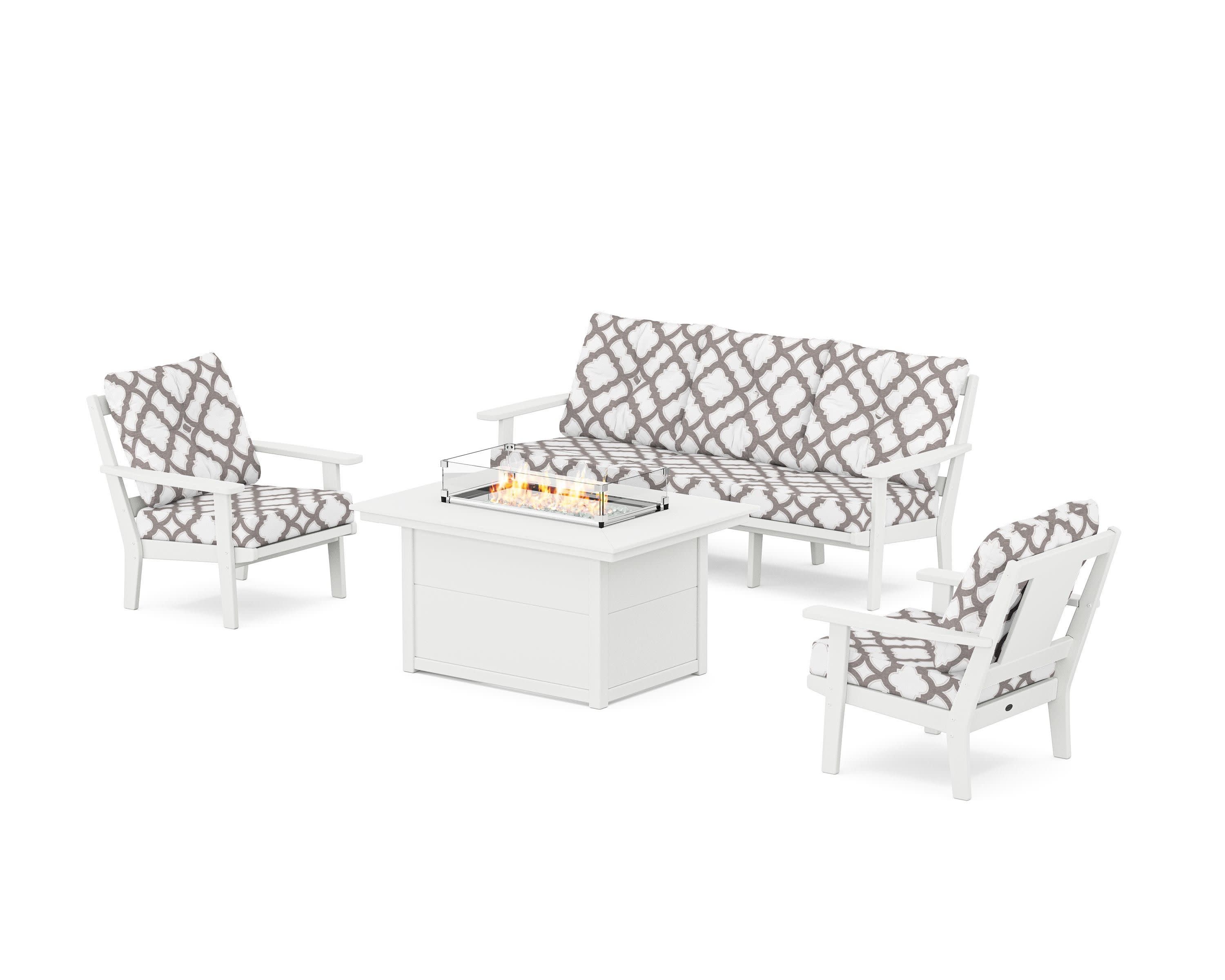 Prairie Deep Seating Fire Pit Table Set in White / Trellis Grey Mist