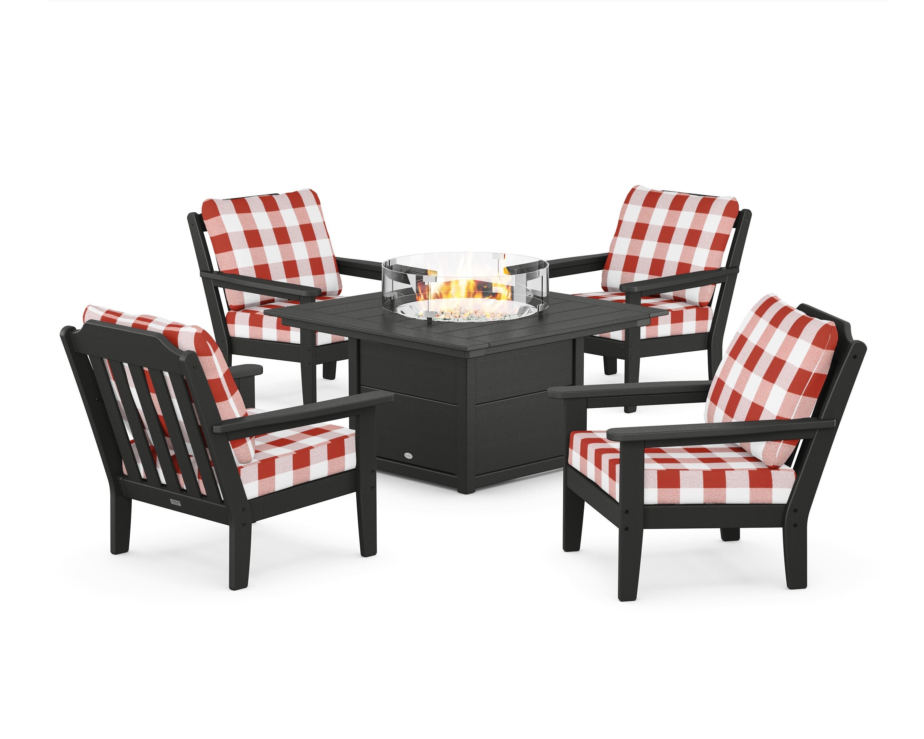 Cottage 5-Piece Deep Seating Set with Fire Pit Table in Black / Buffalo Plaid Crimson
