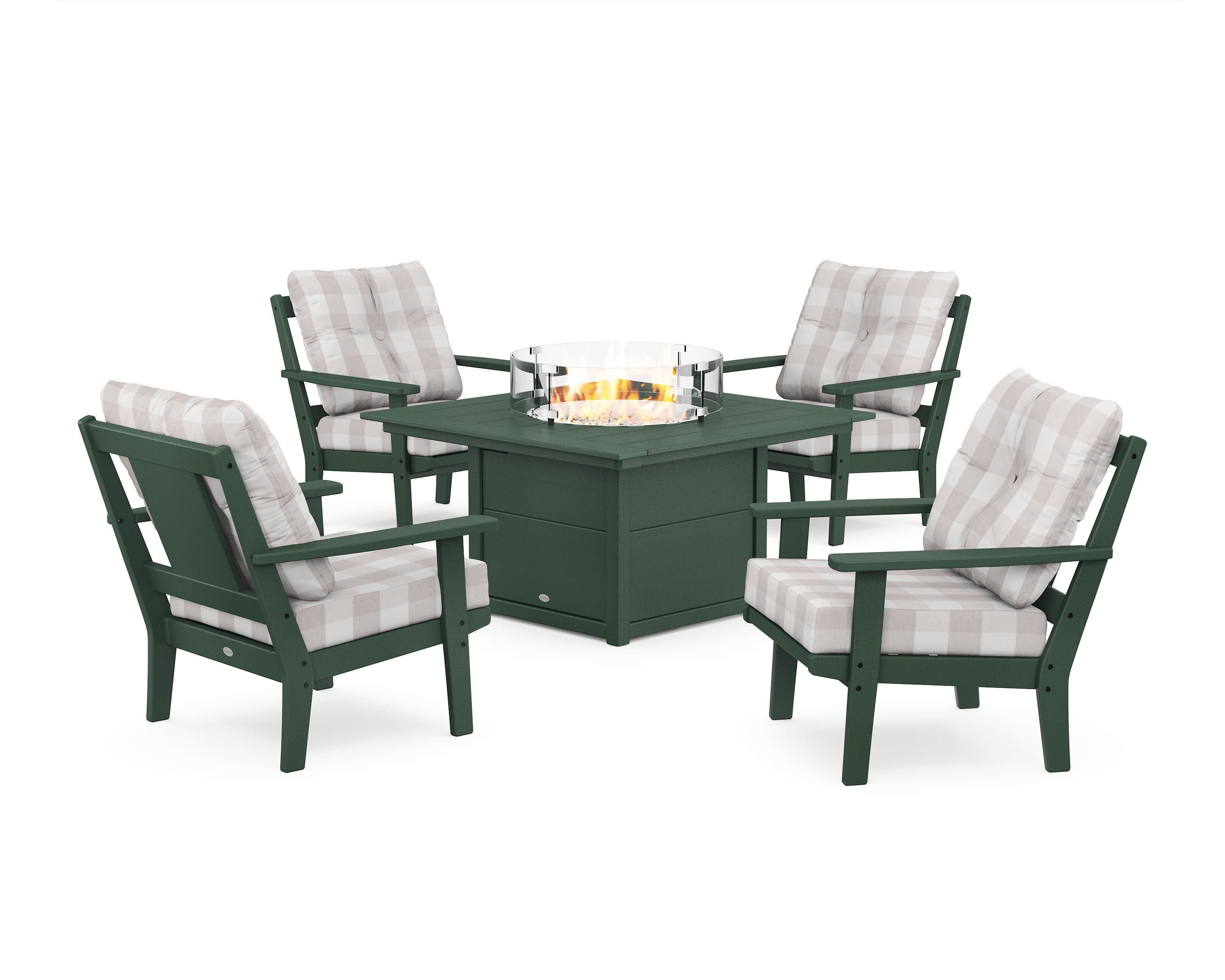 Prairie 5-Piece Deep Seating Set with Fire Pit Table in Green / Buffalo Plaid Dune Burlap