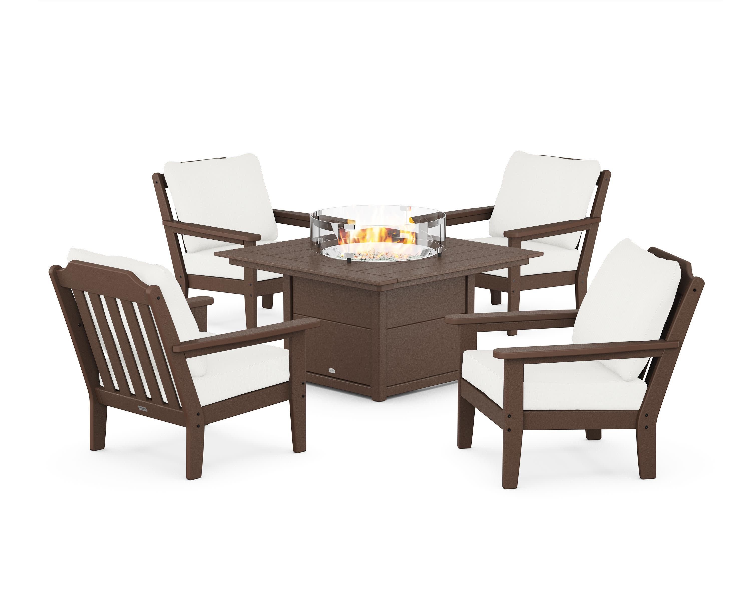 Cottage 5-Piece Deep Seating Set with Fire Pit Table in Mahogany / Natural Linen