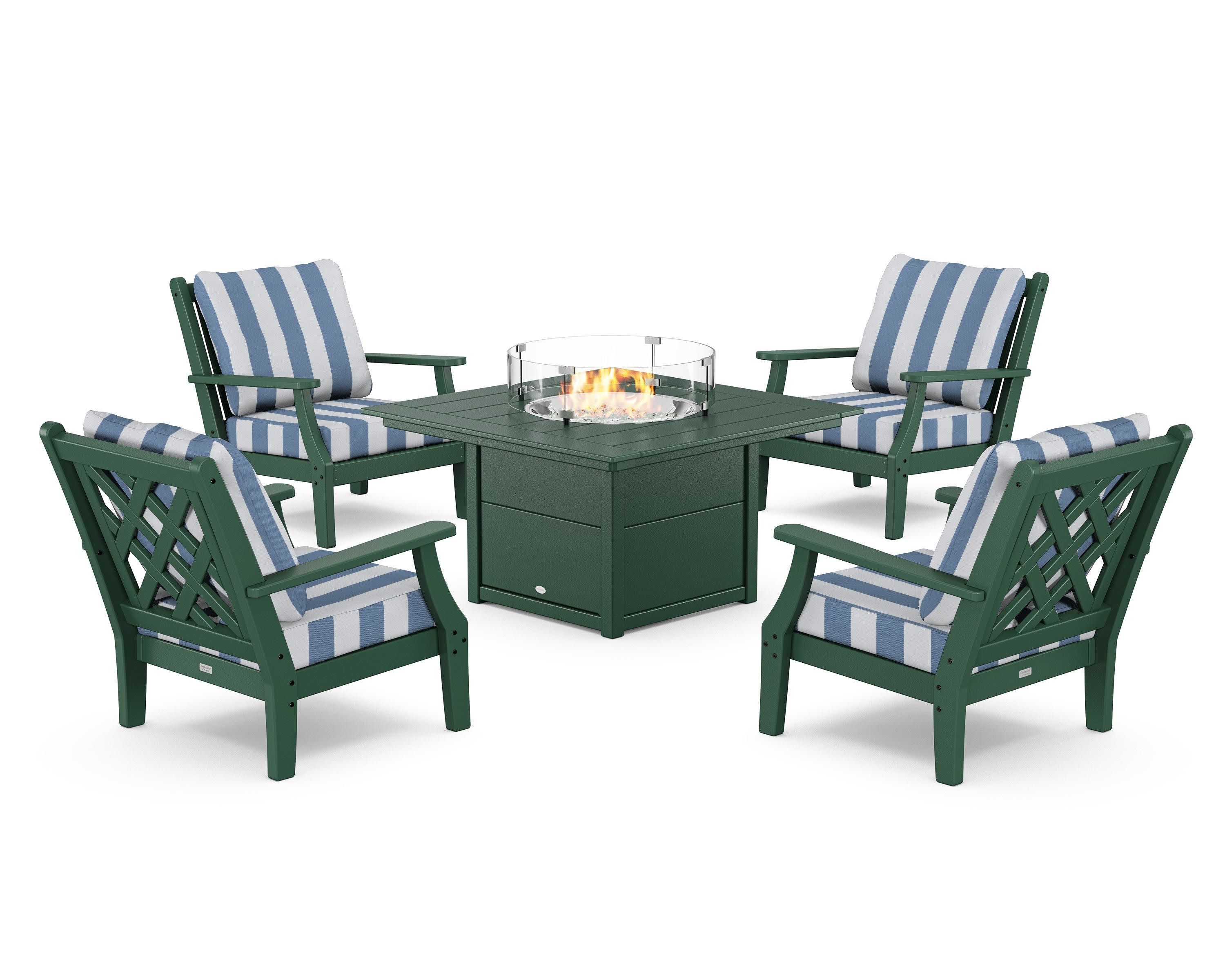 Wovendale 5-Piece Deep Seating Set with Fire Pit Table in Green / Cabana Stripe Sky Blue
