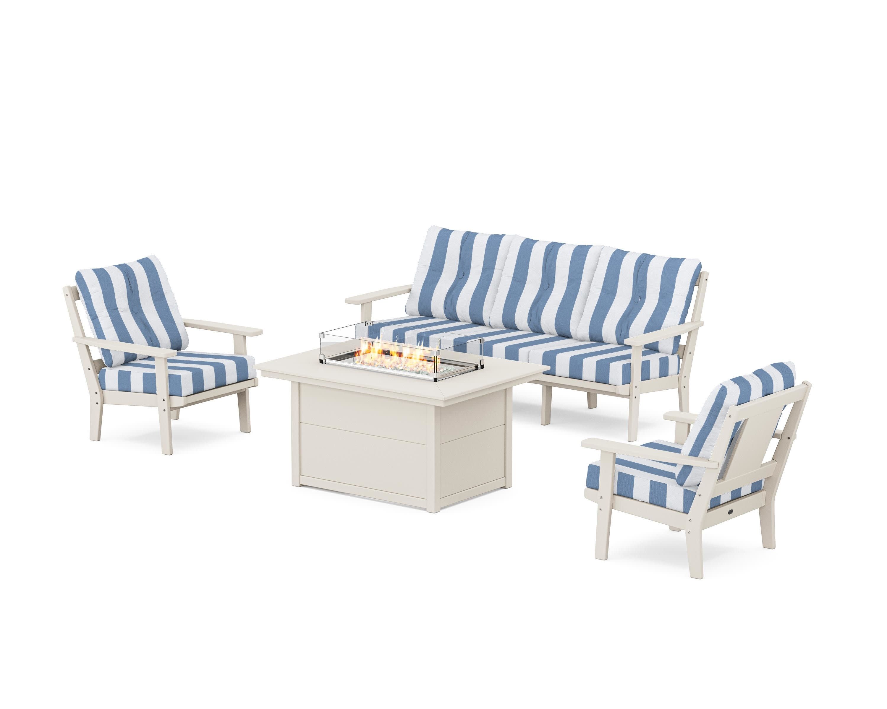 Prairie Deep Seating Fire Pit Table Set in Sand / Cabana Stripe Sky Blue