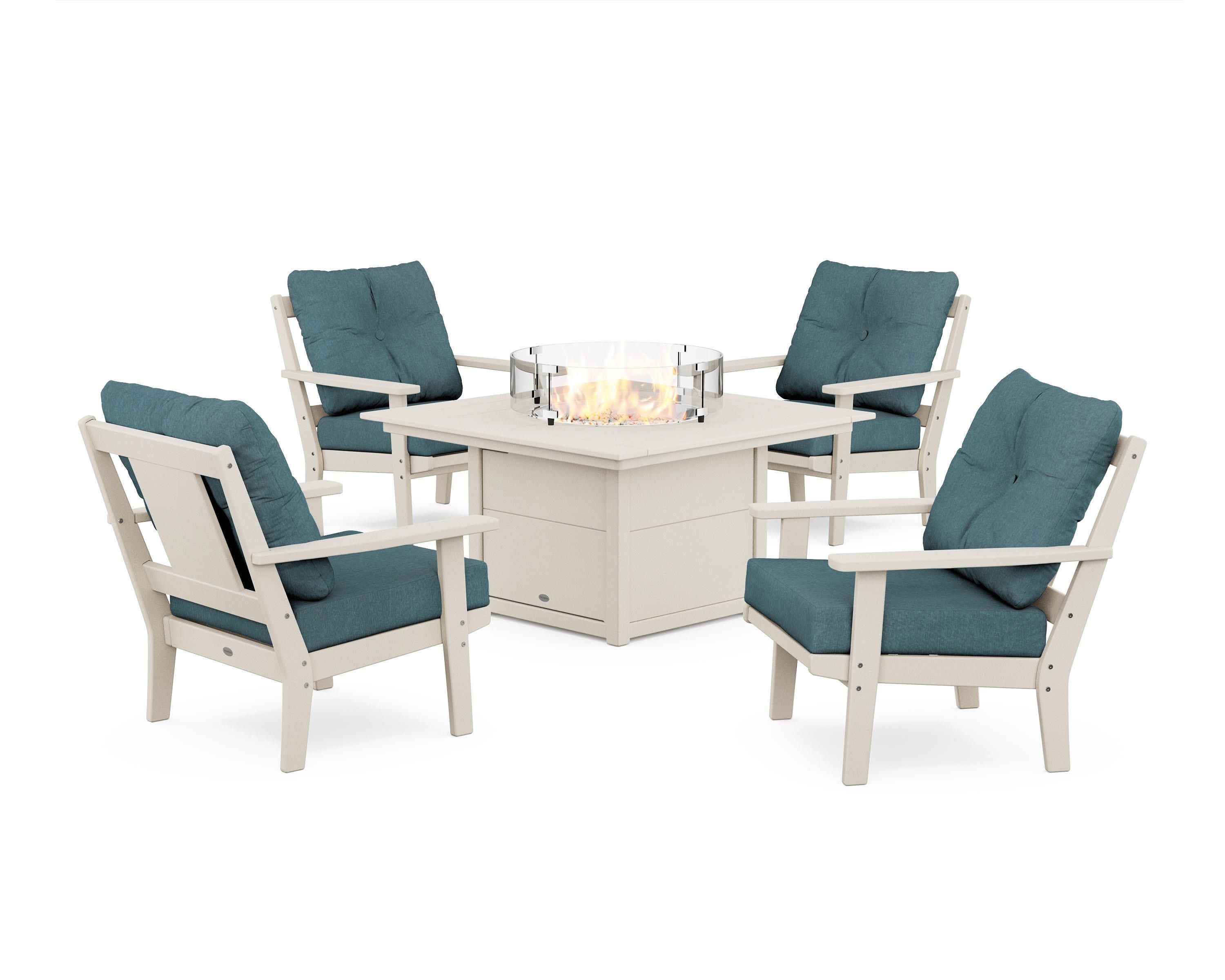 Prairie 5-Piece Deep Seating Set with Fire Pit Table in Sand / Ocean Teal