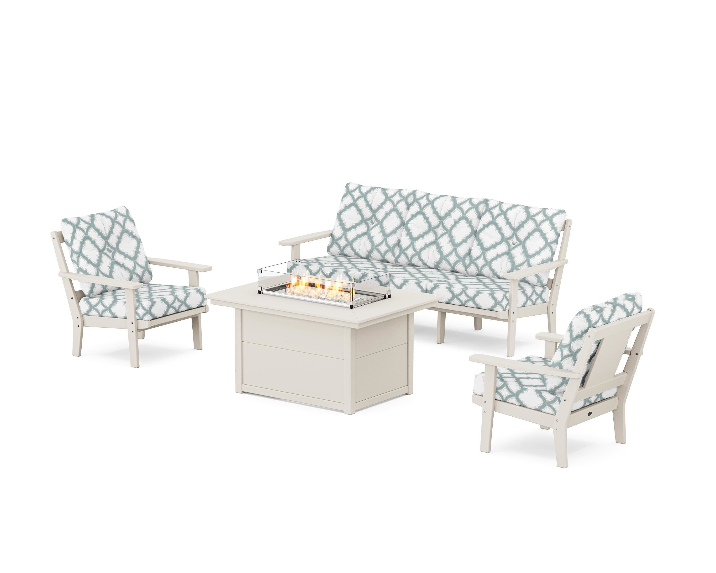 Prairie Deep Seating Fire Pit Table Set in Sand / Trellis Glacier Spa