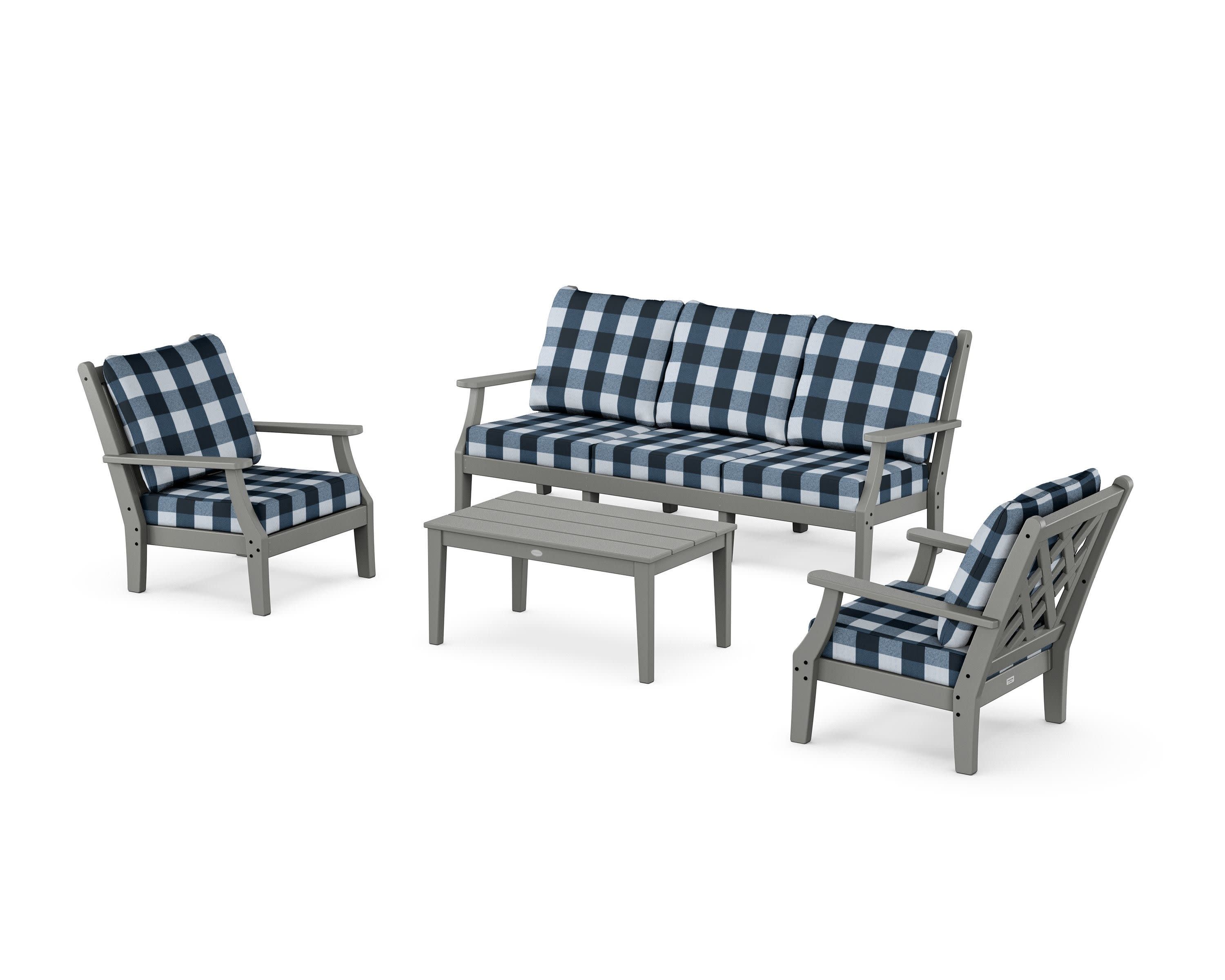 Wovendale 4-Piece Deep Seating Set with Sofa in Slate Grey / Buffalo Plaid Marine Indigo