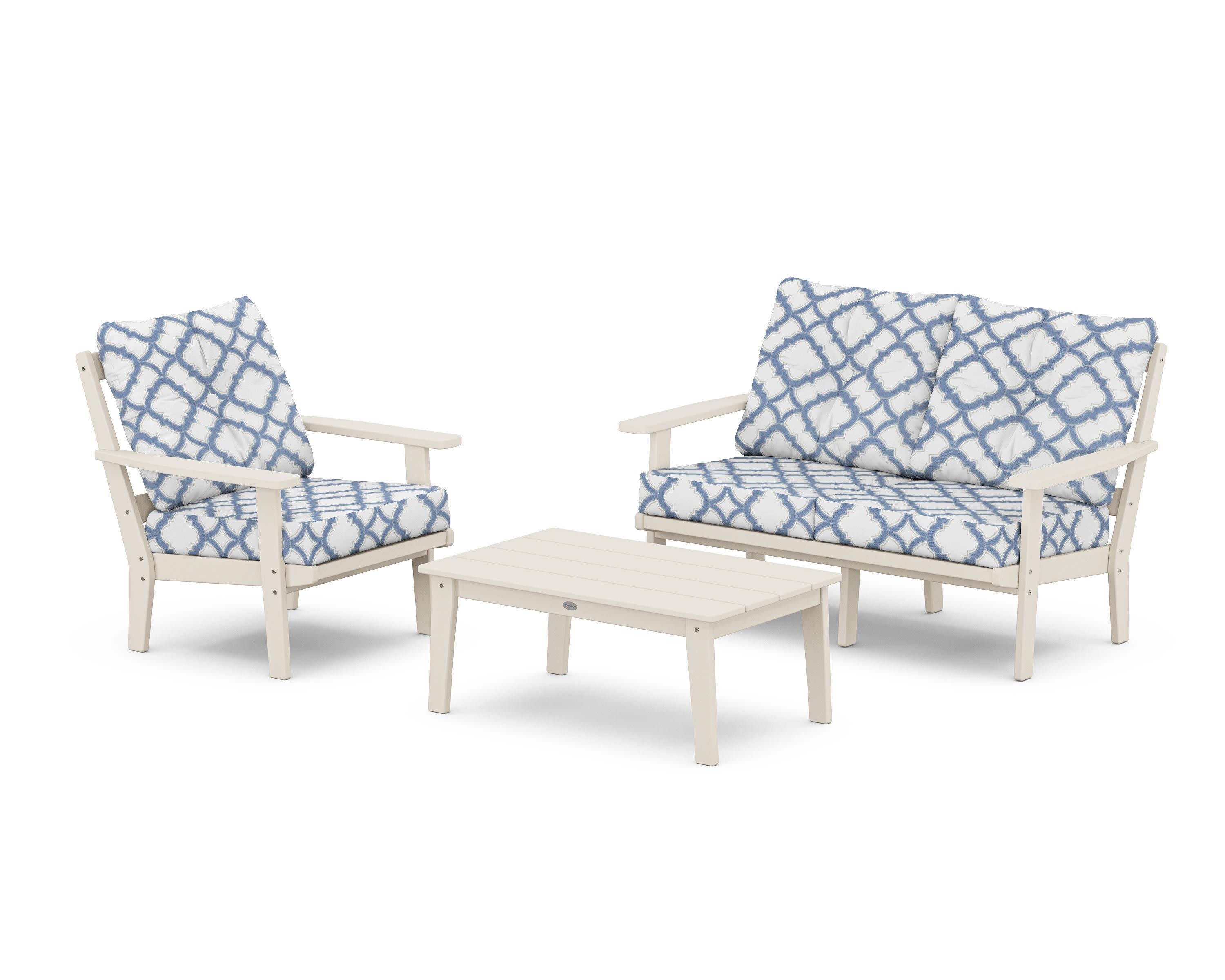Prairie 3-Piece Deep Seating Set with Loveseat in Sand / Trellis Sky Blue