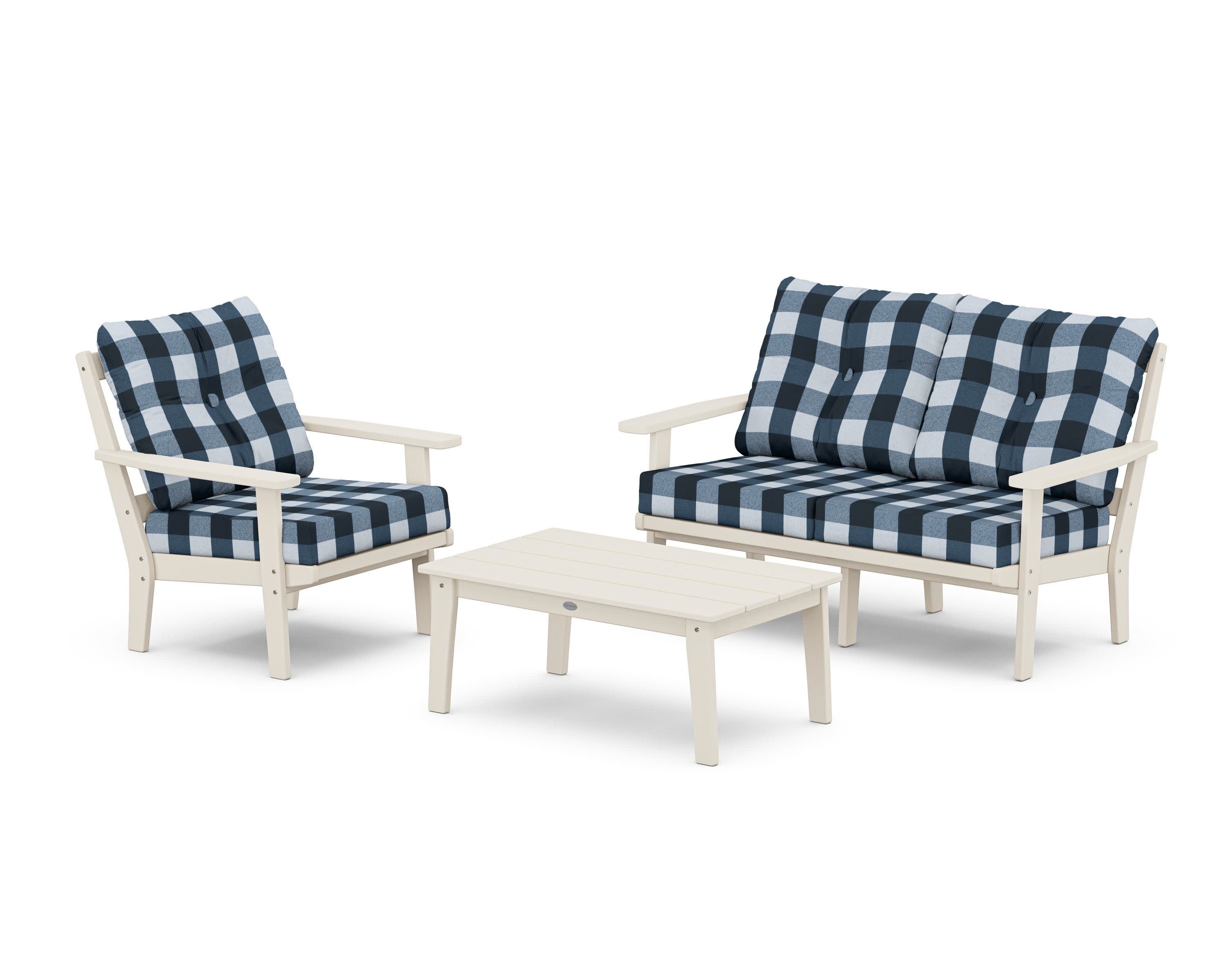 Prairie 3-Piece Deep Seating Set with Loveseat in Sand / Buffalo Plaid Marine Indigo