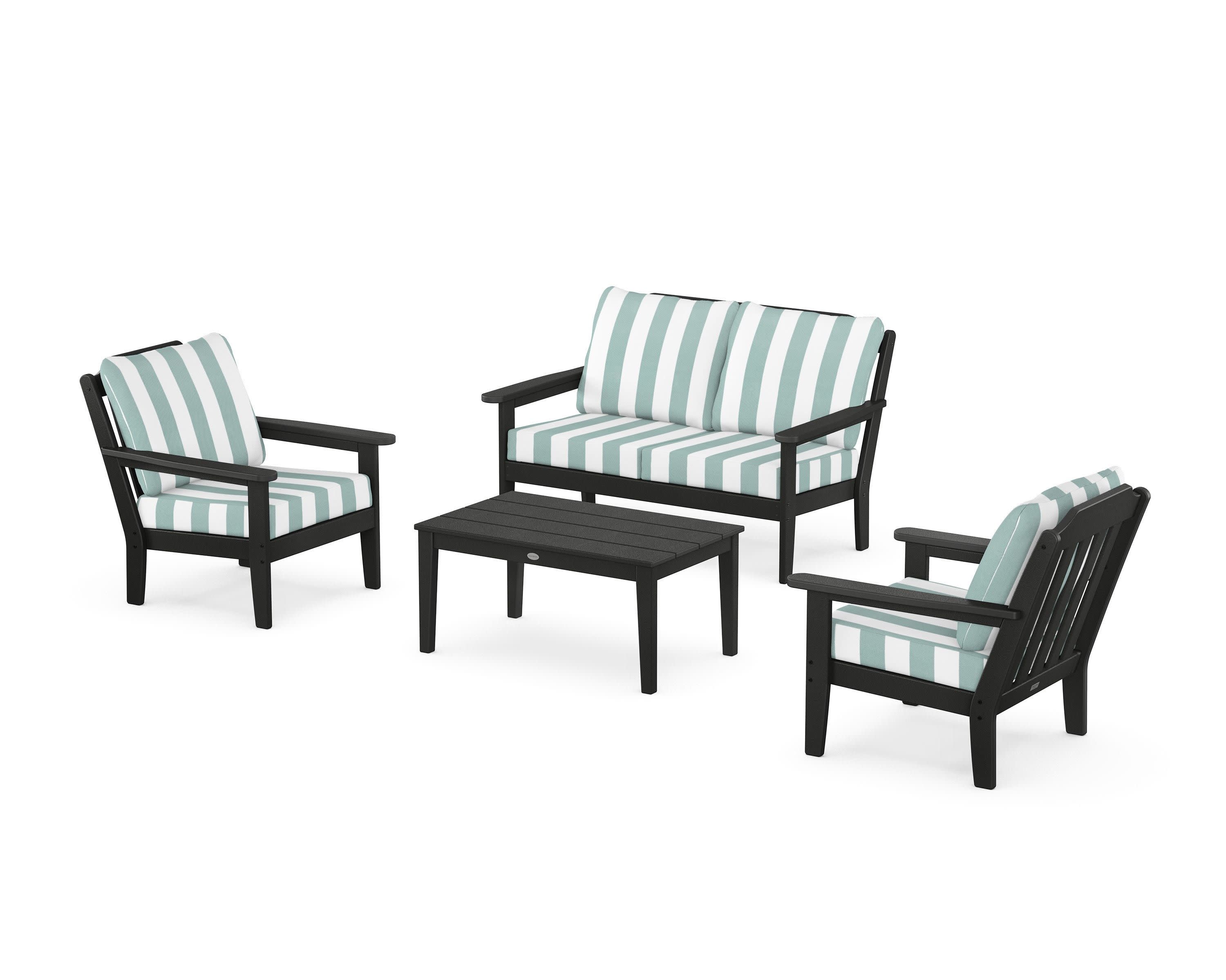 Cottage 4-Piece Deep Seating Set with Loveseat in Black / Cabana Stripe Glacier Spa