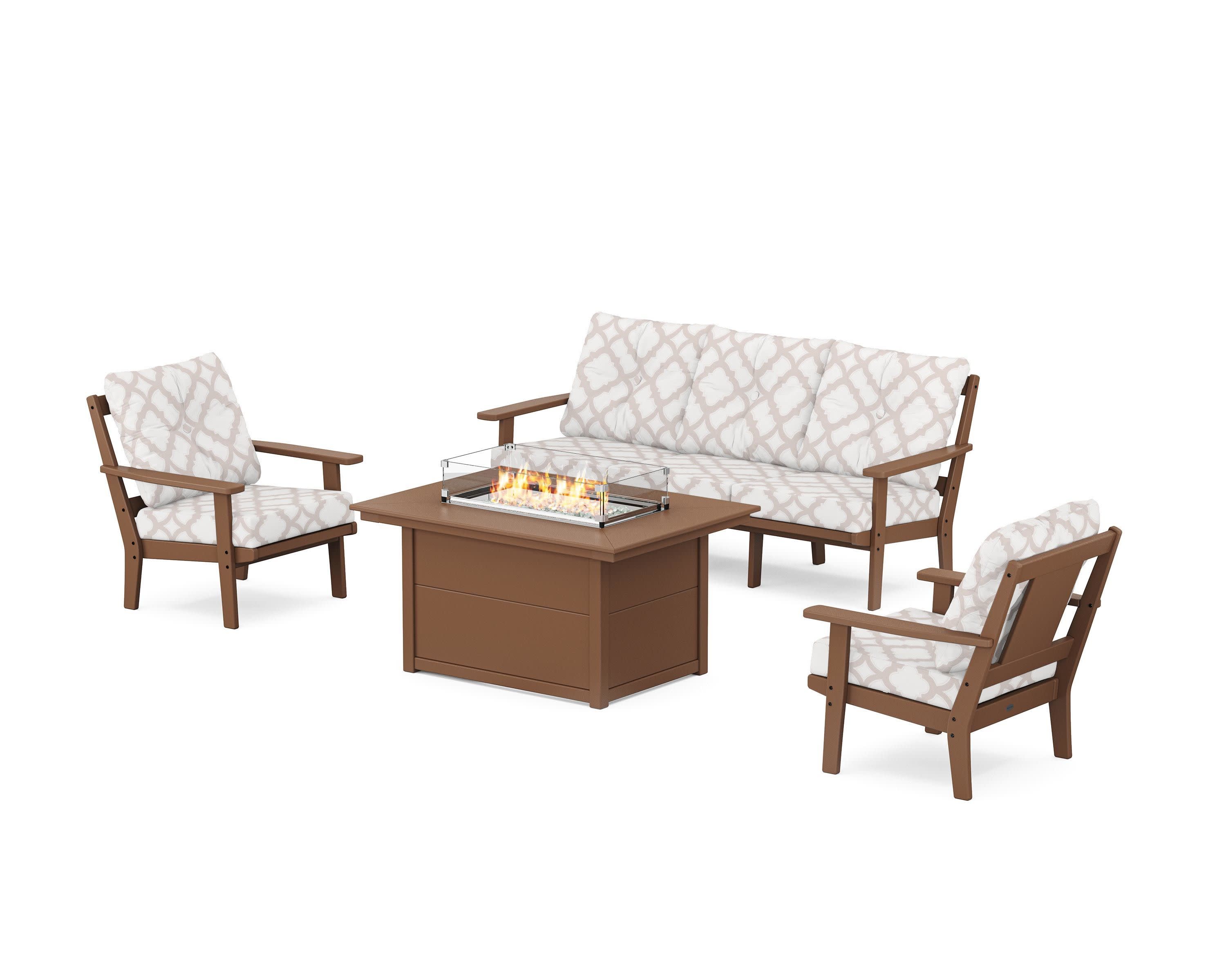 Prairie Deep Seating Fire Pit Table Set in Teak / Trellis Dune Burlap