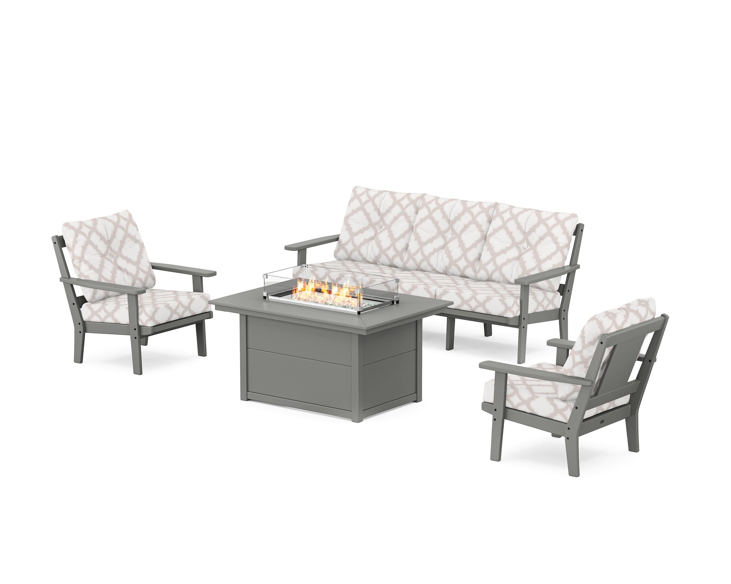 Prairie Deep Seating Fire Pit Table Set in Slate Grey / Trellis Dune Burlap