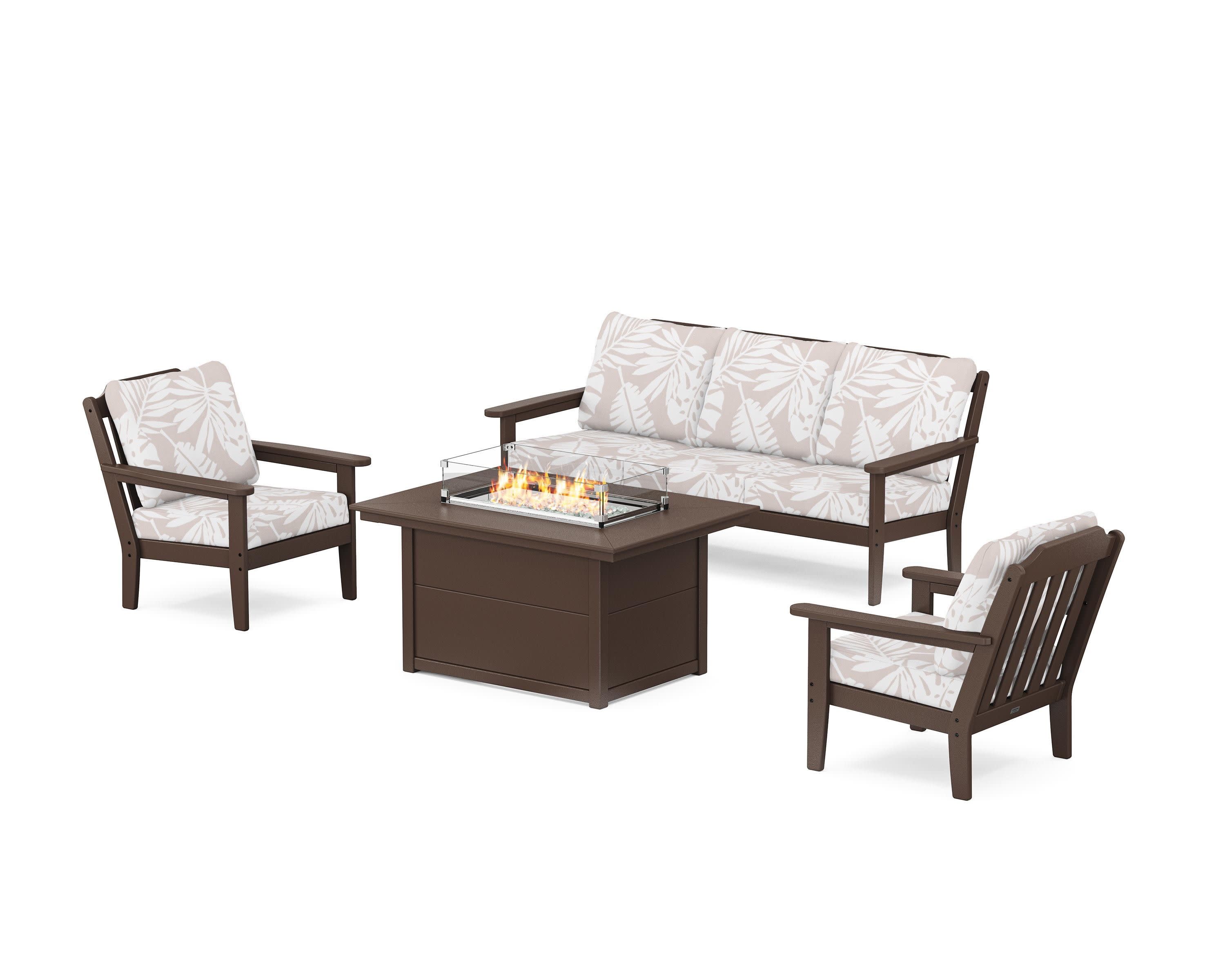 Cottage Deep Seating Fire Pit Table Set in Mahogany / Leaf Dune Burlap