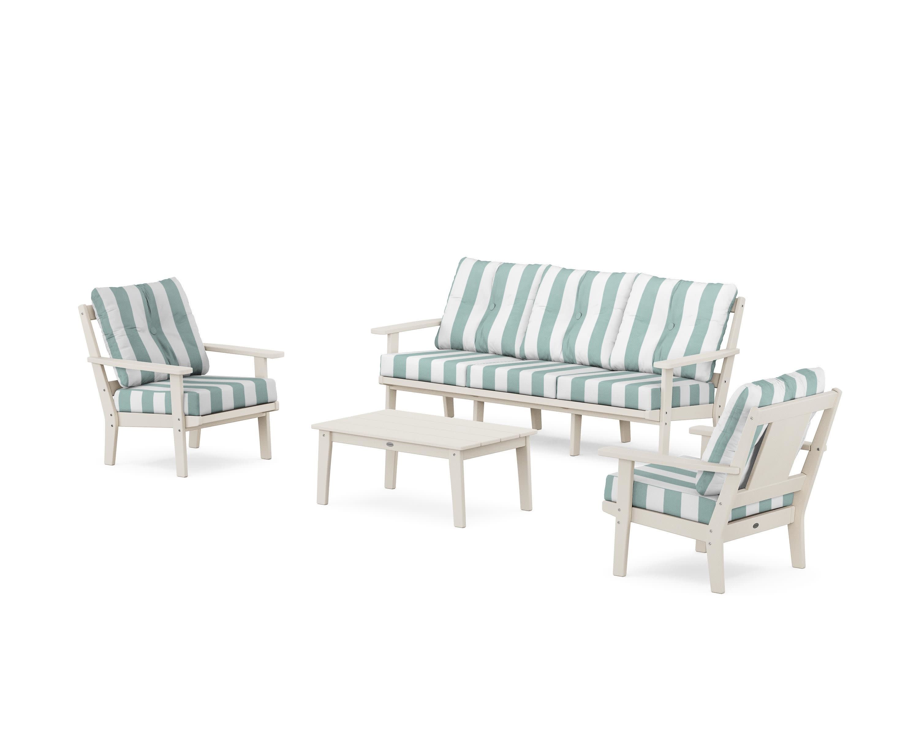 Prairie 4-Piece Deep Seating Set with Sofa in Sand / Cabana Stripe Glacier Spa