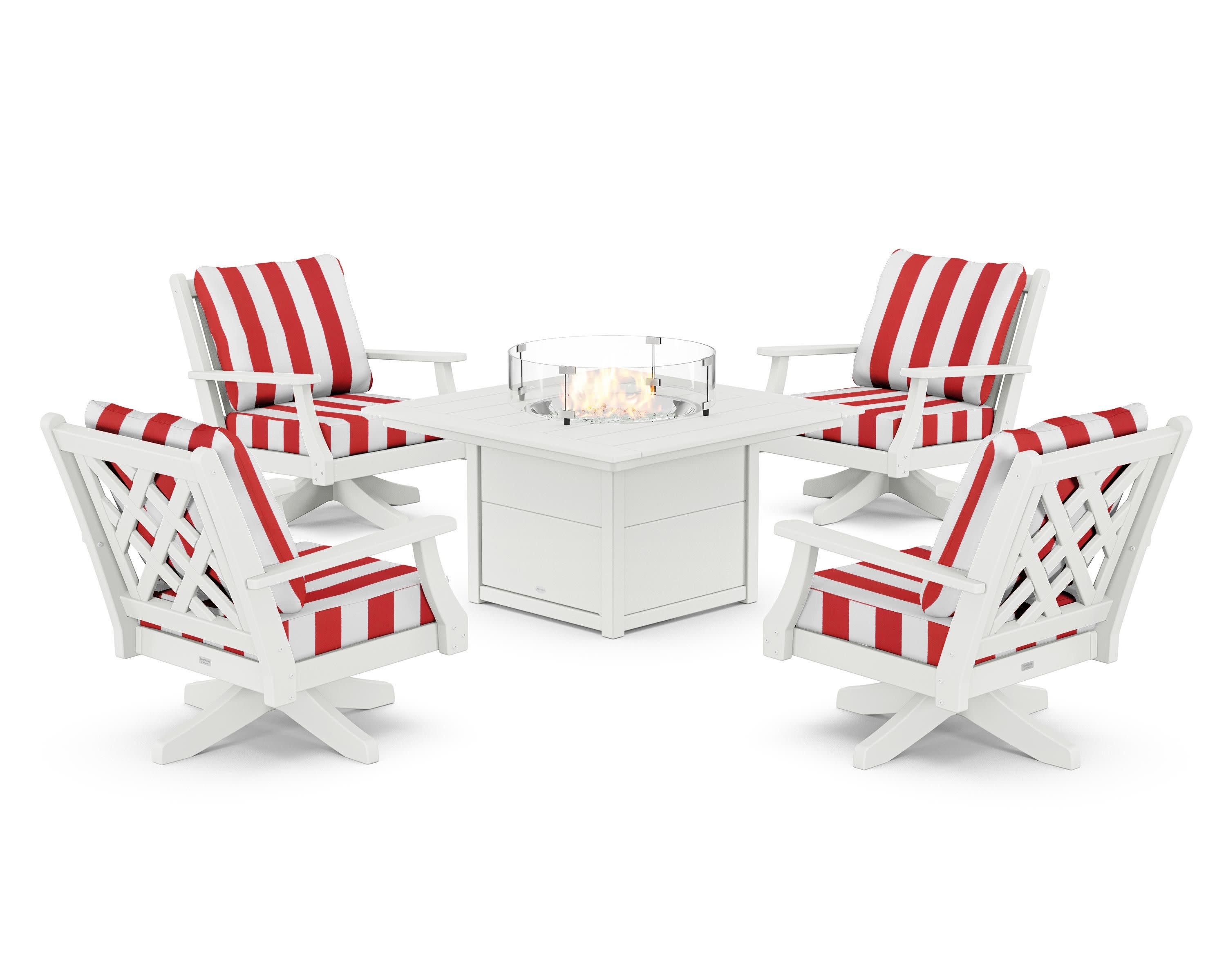 Wovendale 5-Piece Deep Seating Swivel Conversation Set with Fire Pit Table in White / Cabana Stripe Crimson