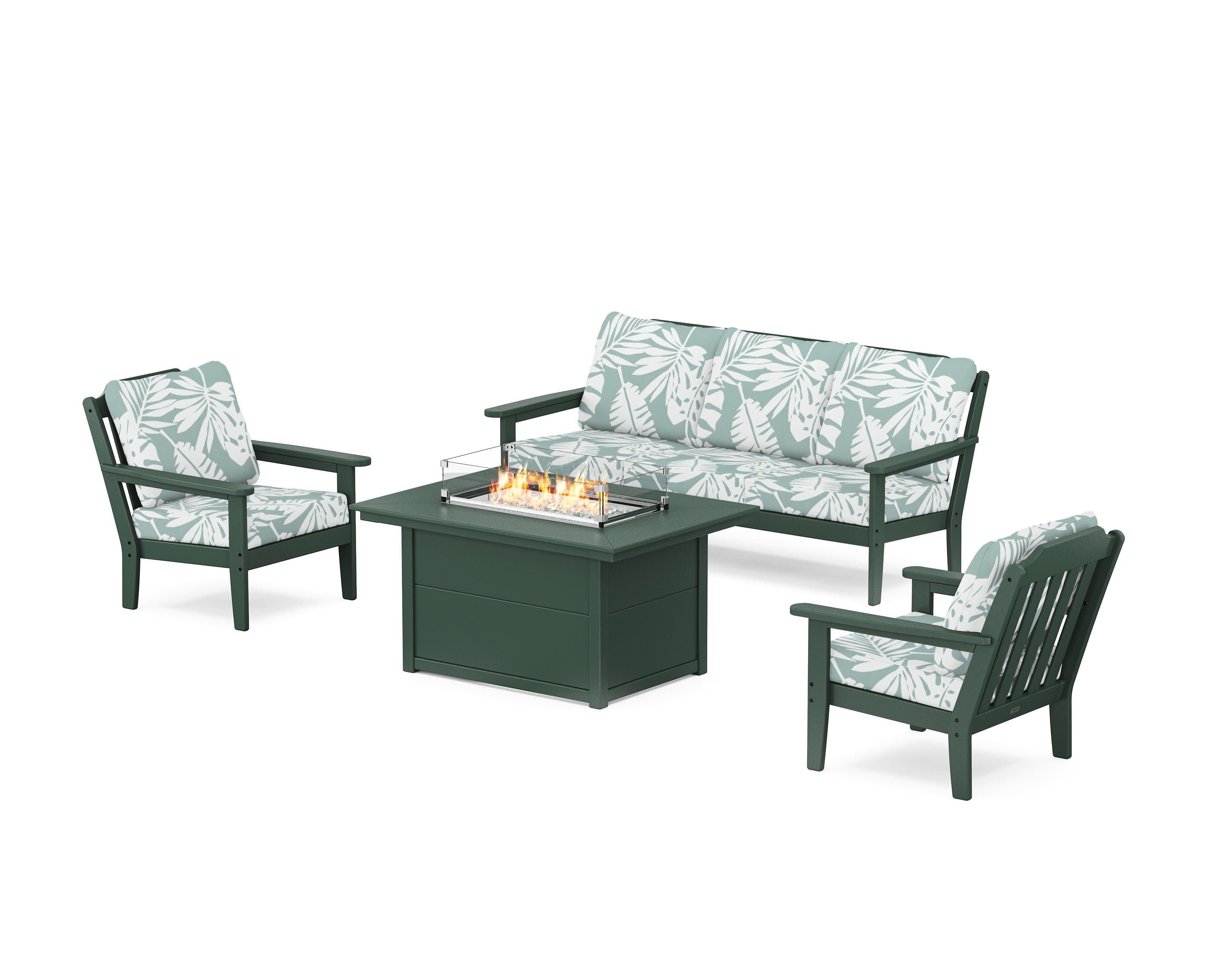 Cottage Deep Seating Fire Pit Table Set in Green / Leaf Glacier Spa