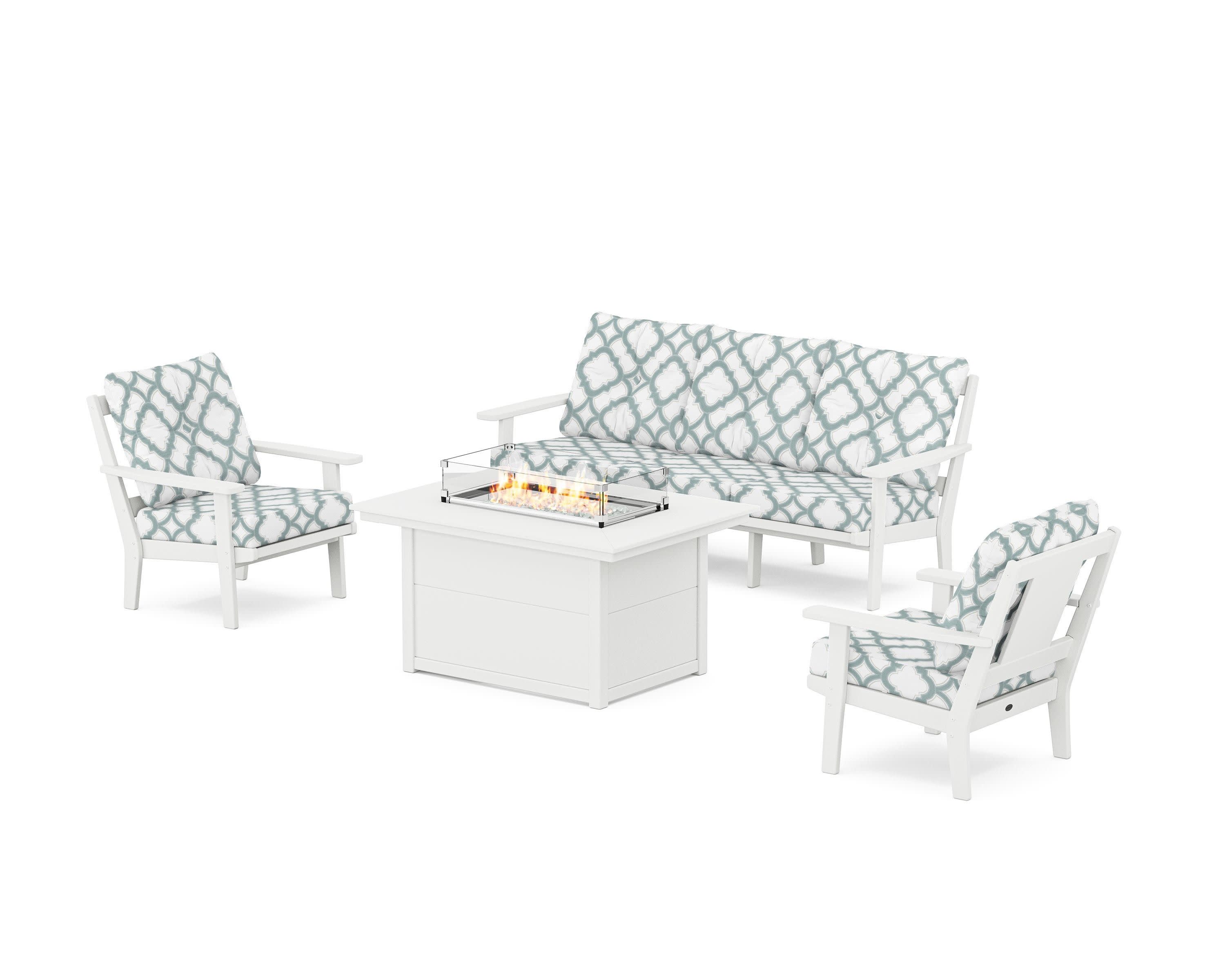 Prairie Deep Seating Fire Pit Table Set in White / Trellis Glacier Spa