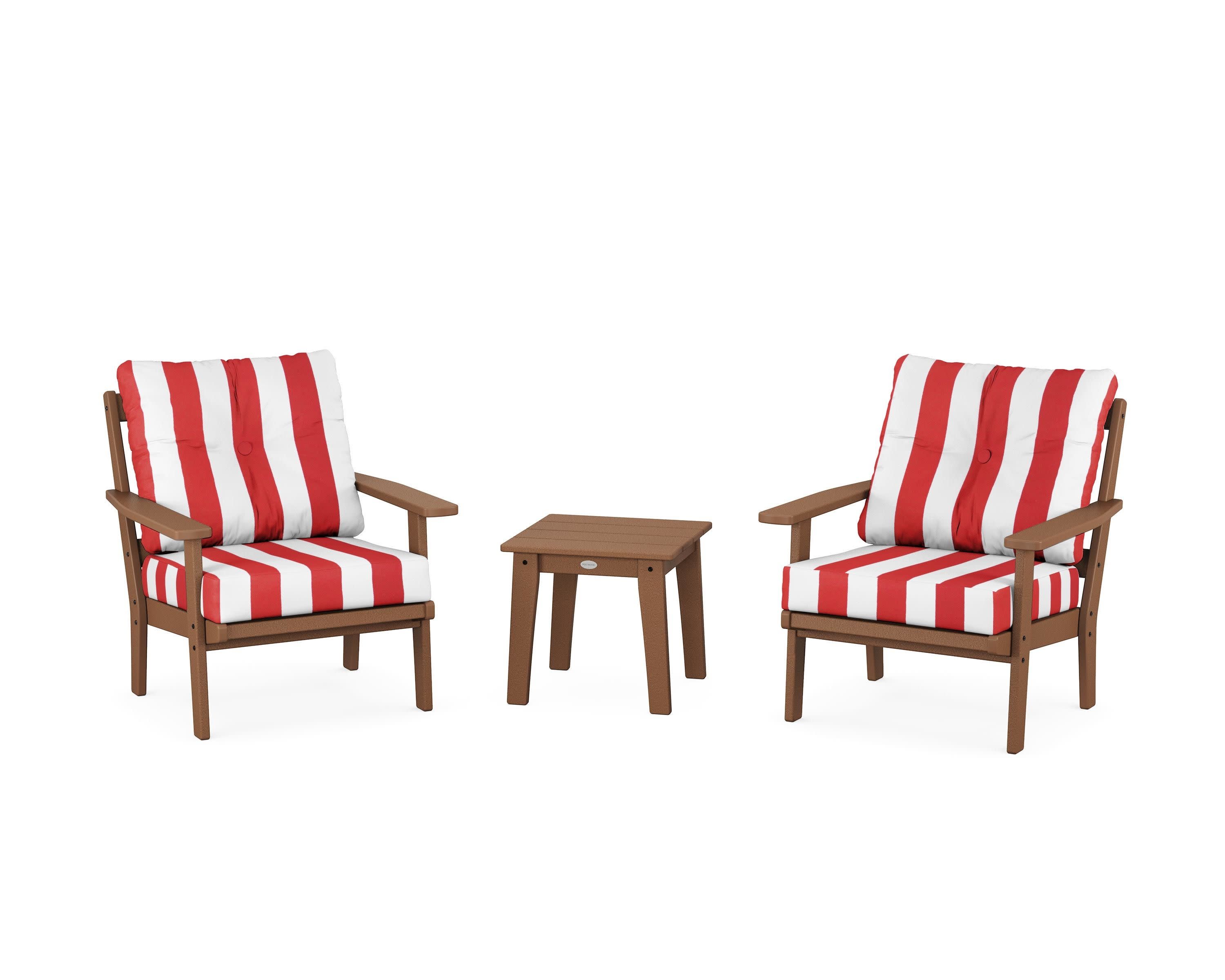 Prairie 3-Piece Deep Seating Set in Teak / Cabana Stripe Crimson
