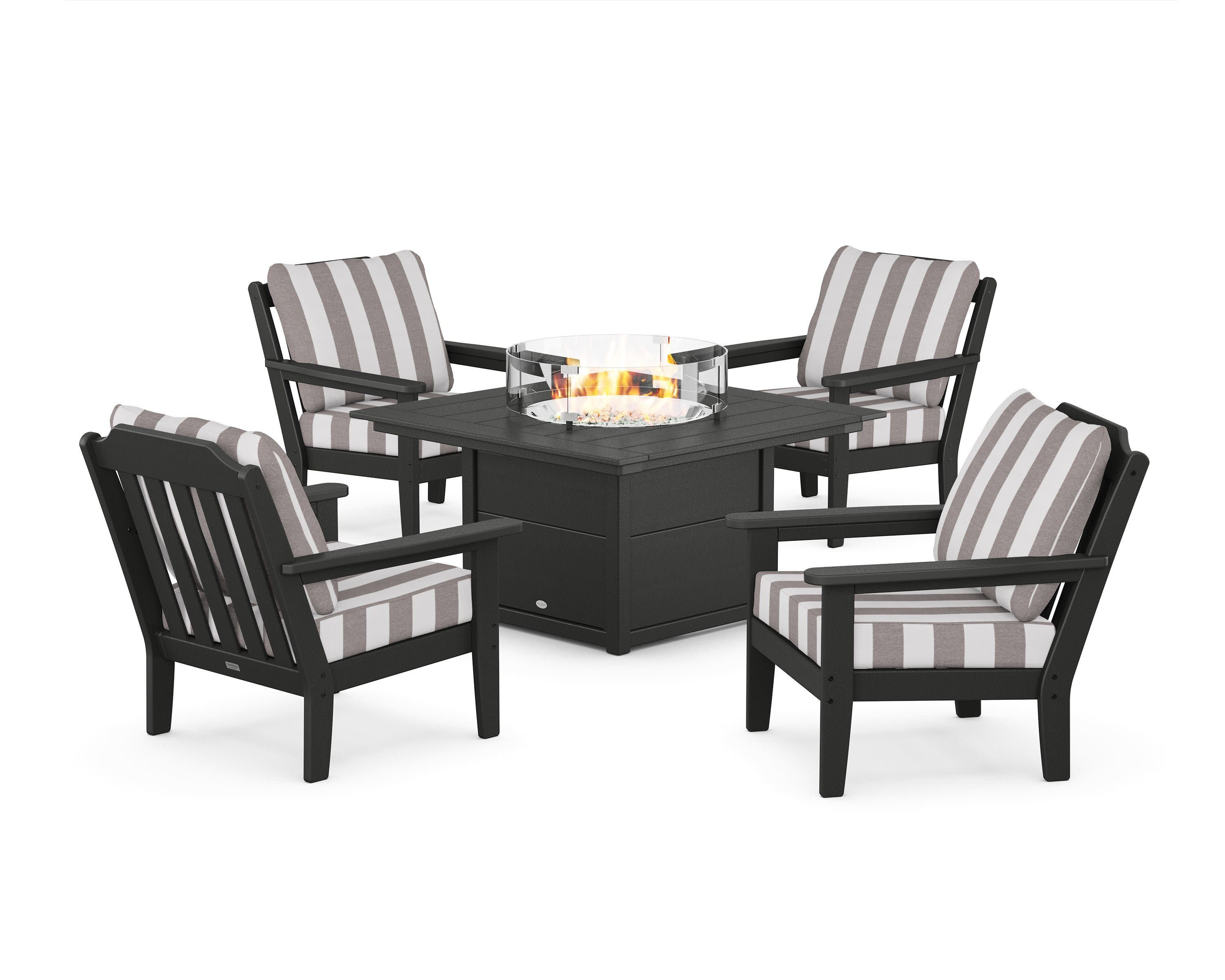 Cottage 5-Piece Deep Seating Set with Fire Pit Table in Black / Cabana Stripe Grey Mist