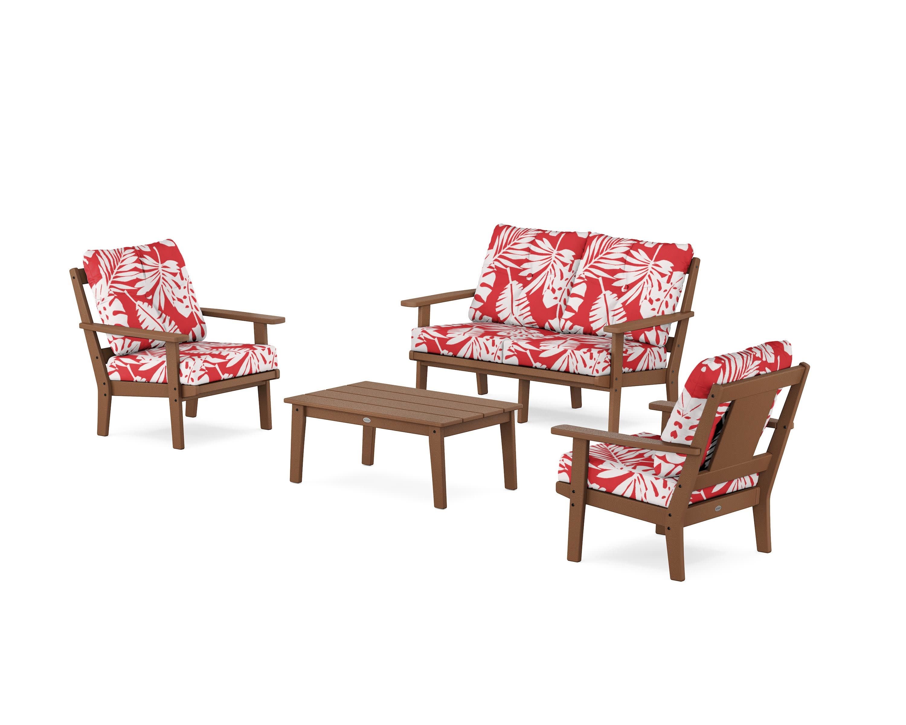 Prairie 4-Piece Deep Seating Set with Loveseat in Teak / Leaf Crimson