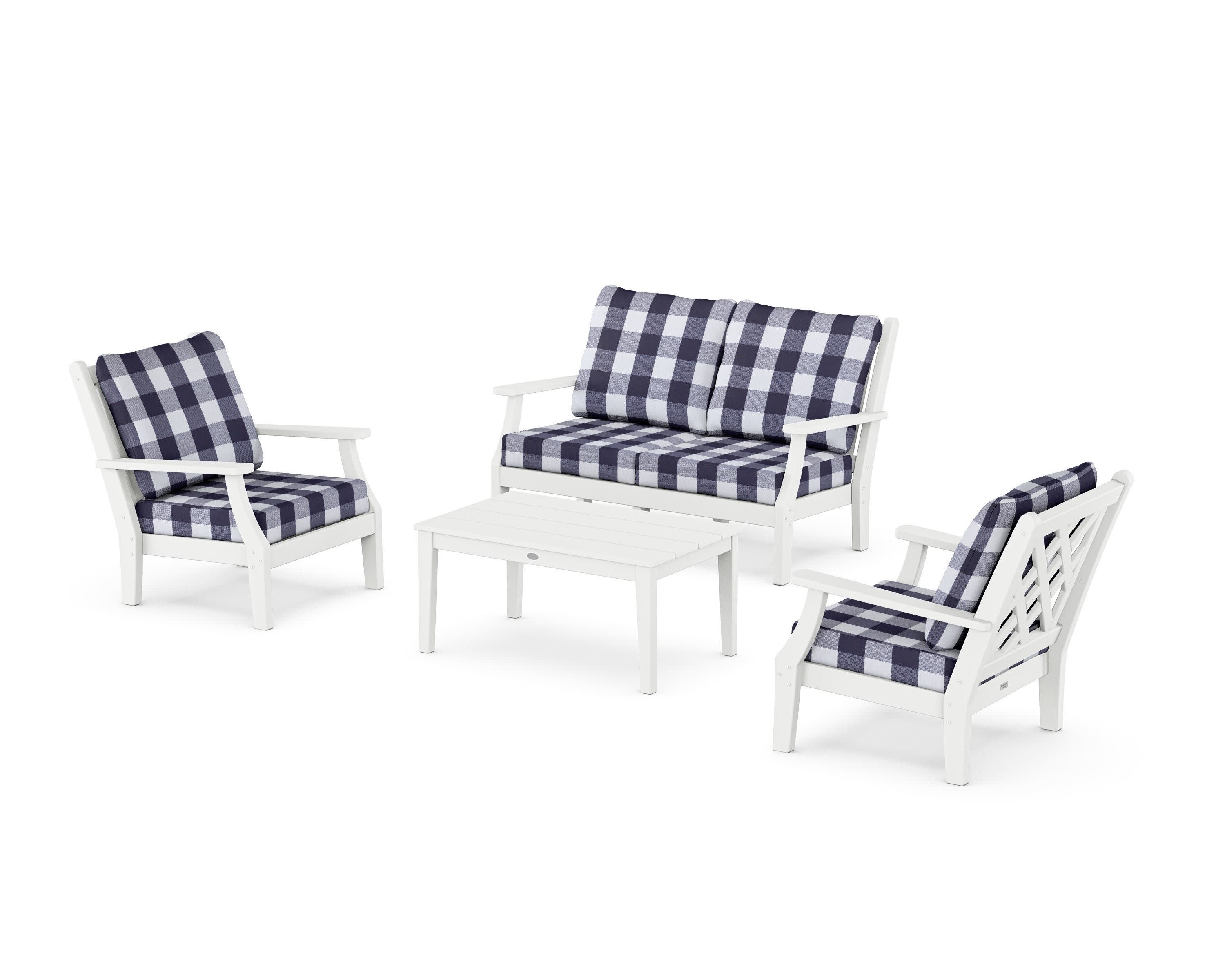 Wovendale 4-Piece Deep Seating Set with Loveseat in White / Buffalo Plaid Navy