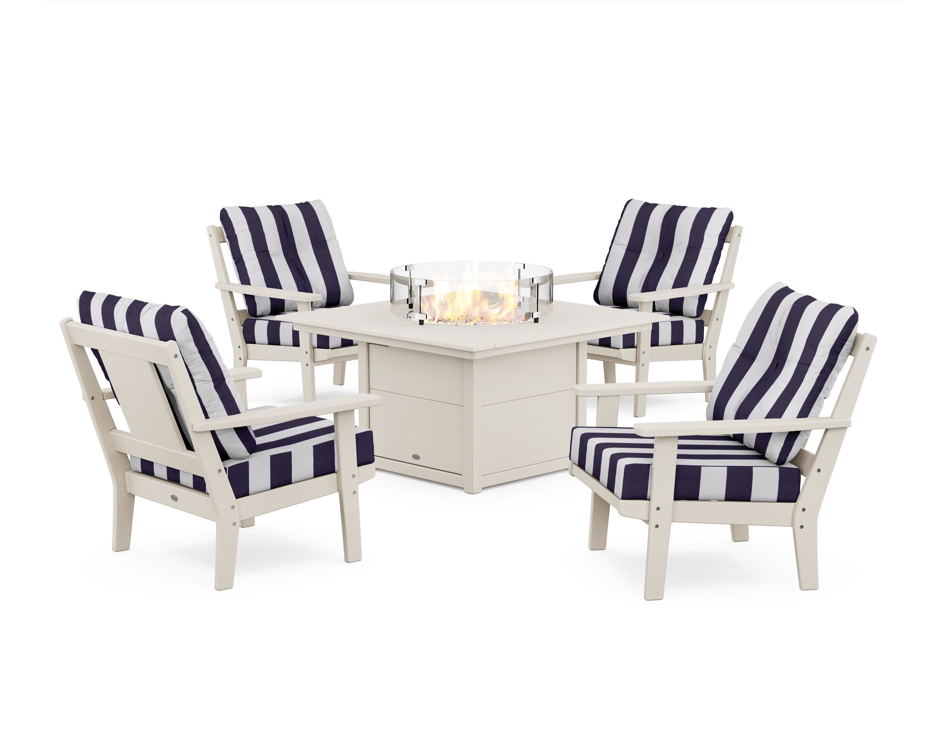 Prairie 5-Piece Deep Seating Set with Fire Pit Table in Sand / Cabana Stripe Navy